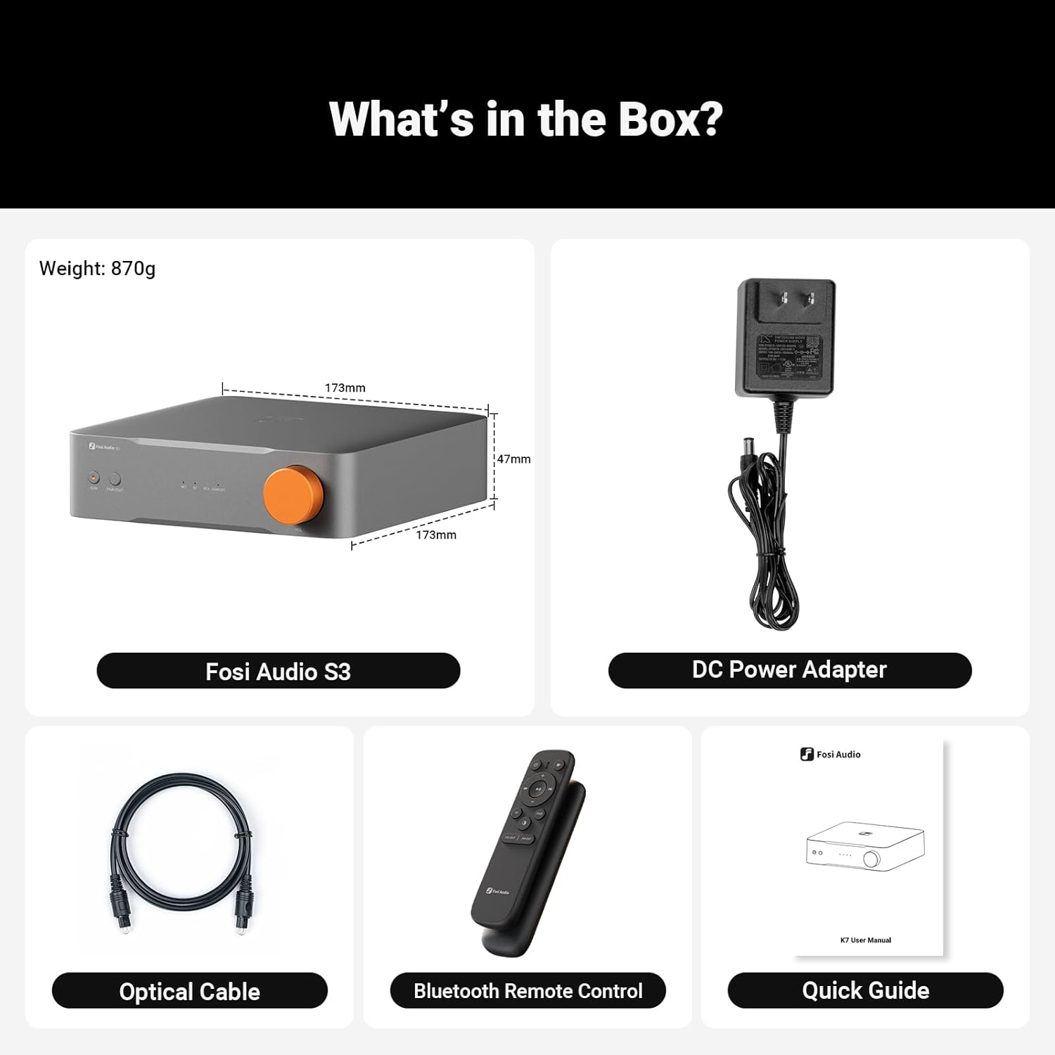 Contenido: Fosi Audio S3, adaptador de corriente, cable óptico, mando Bluetooth y manual.