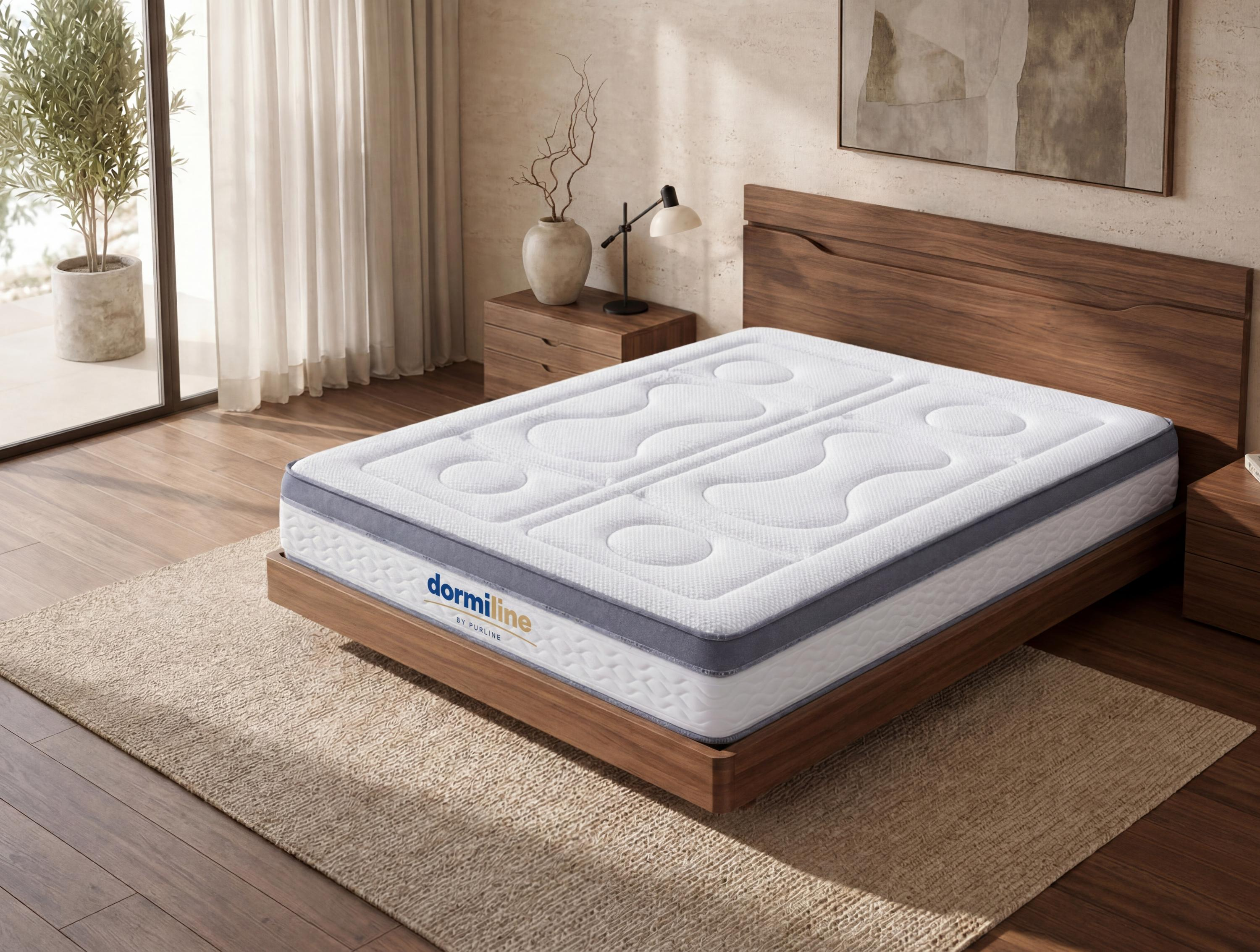 Configuración de dormitorio moderno con cama de madera, colchón claro, alfombra, lámparas de noche y planta.