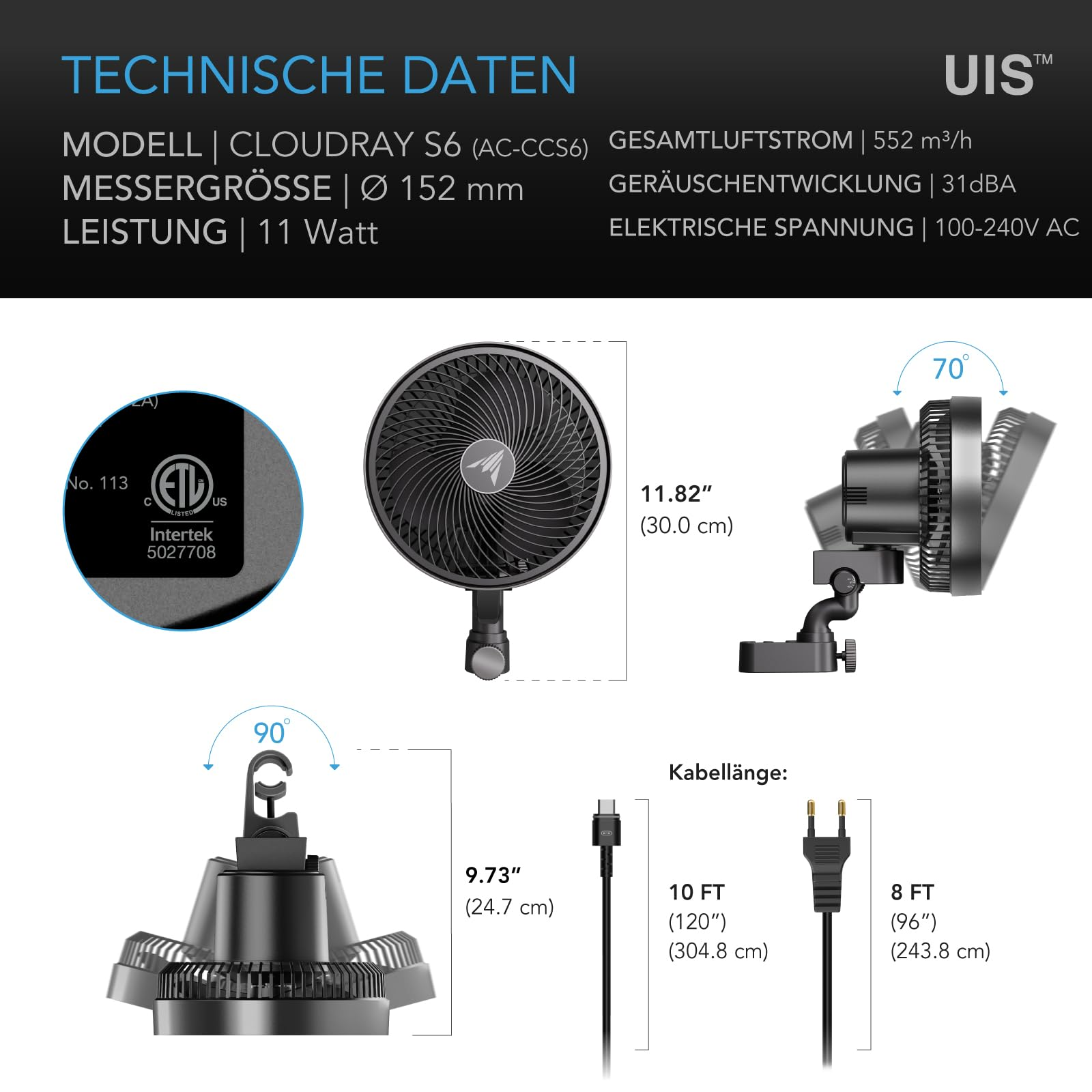 Technische Daten und Maße eines schwarzen Cloudray S6 Ventilators mit Kabeln.