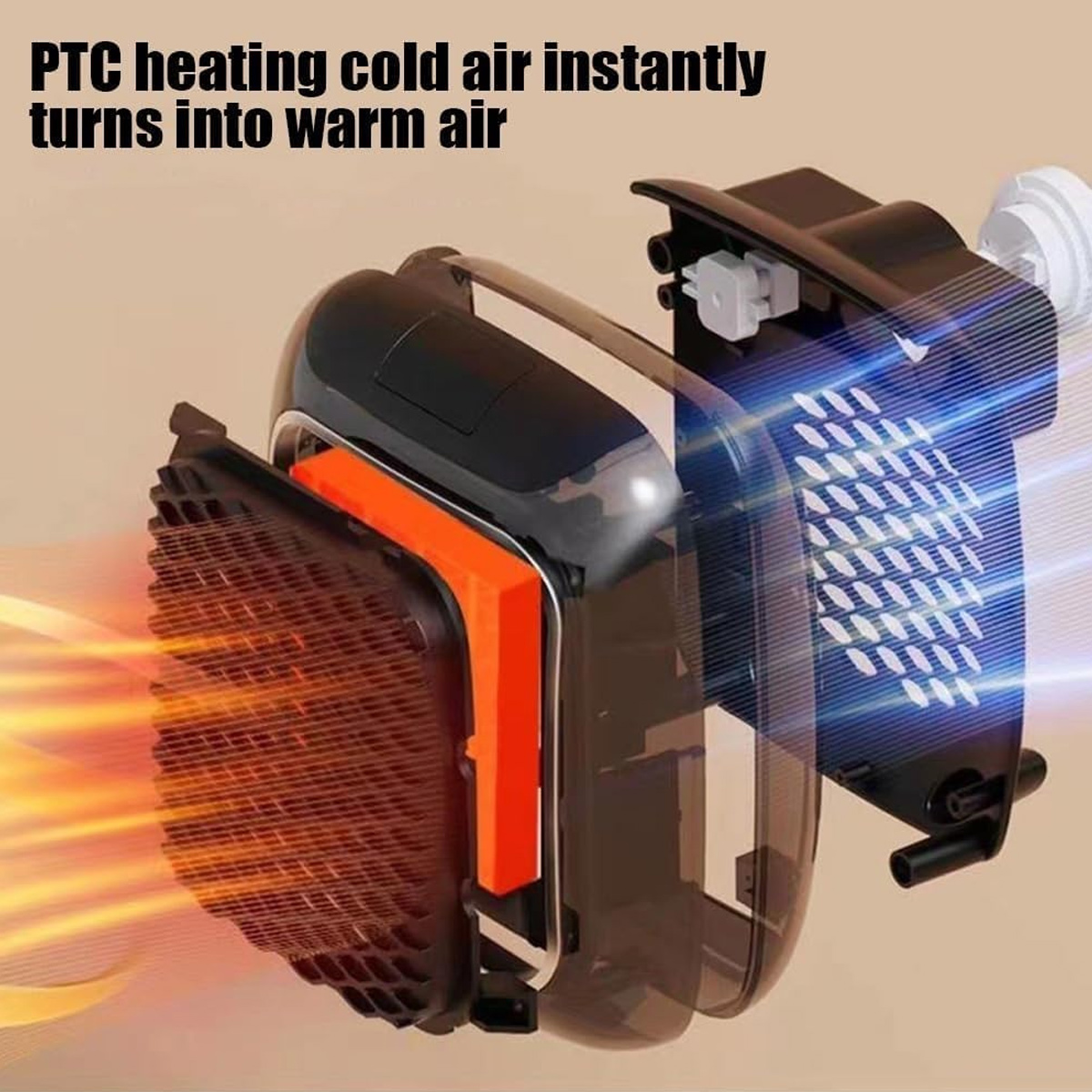 Explosionszeichnung eines PTC-Heizgeräts mit einströmender blauer und ausströmender warmer Luft.