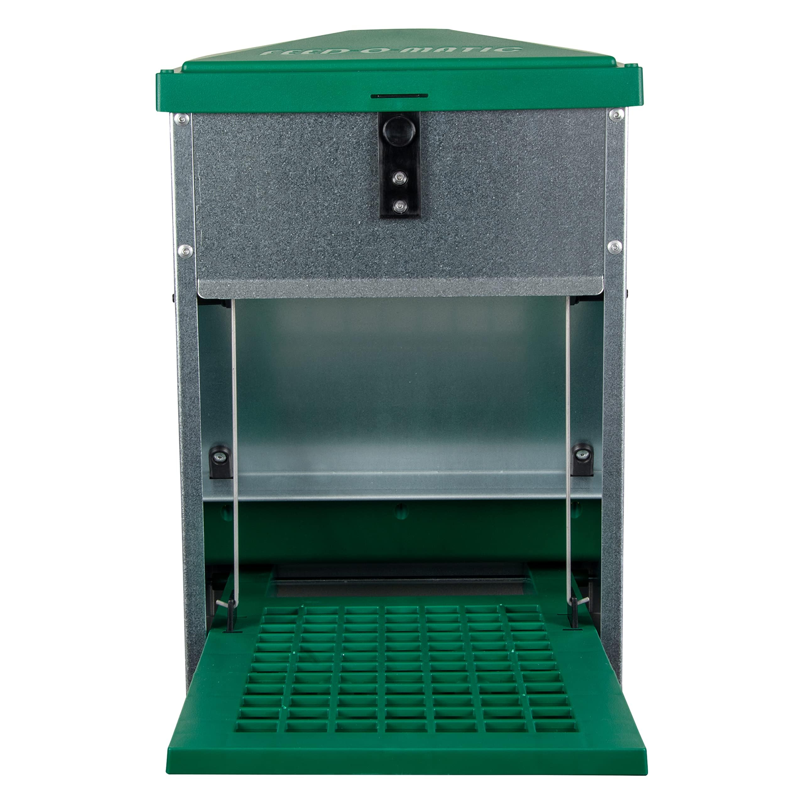 Mangiatoia automatica in metallo e plastica verde e grigia con pedana.