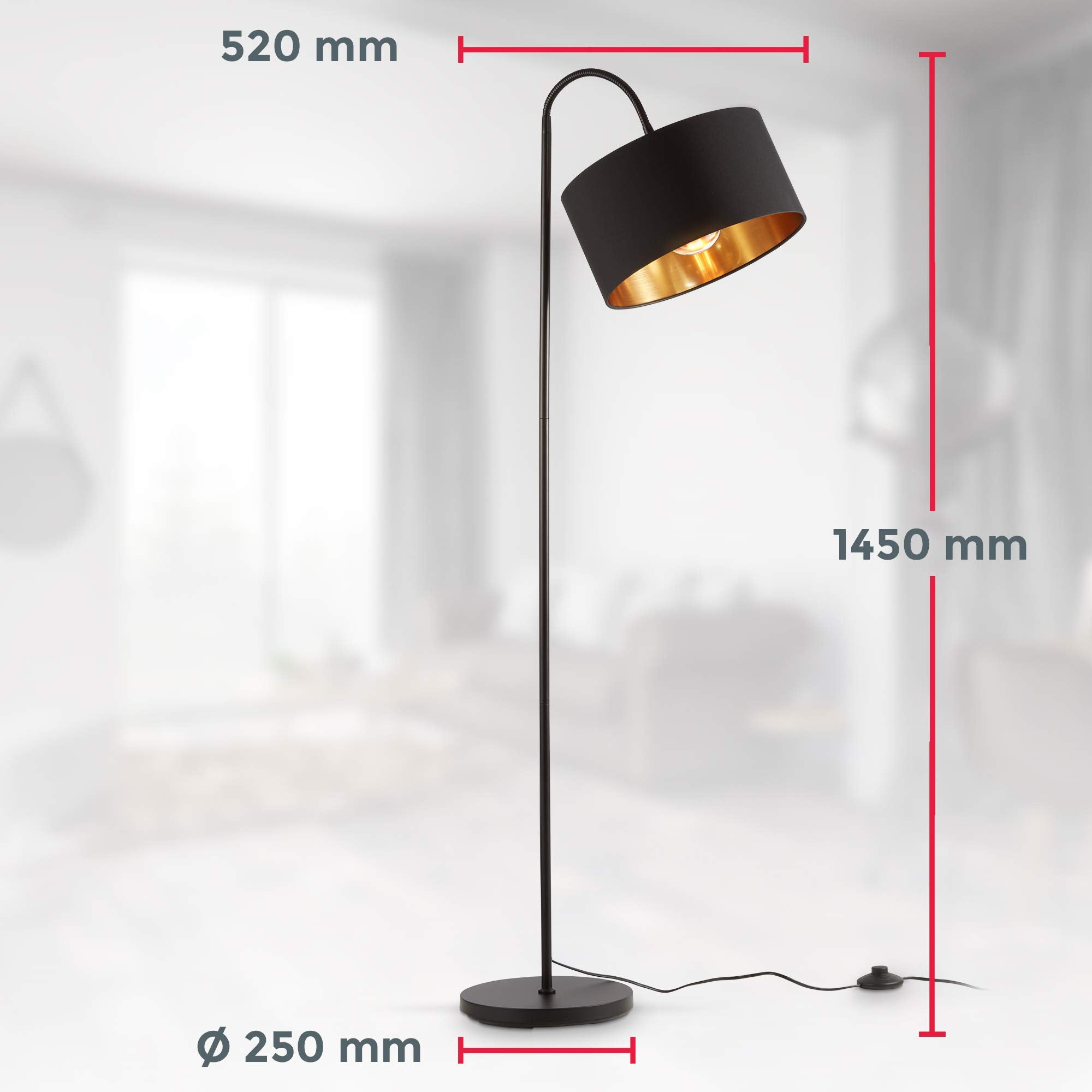 Lampada da terra nera con paralume dorato e dimensioni: altezza 1450 mm, larghezza 520 mm, diametro 250 mm.