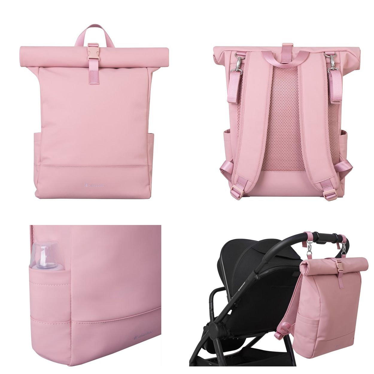 Rosa Wickelrucksack aus verschiedenen Blickwinkeln, mit Seitentasche für Flaschen und Befestigung am Kinderwagen.