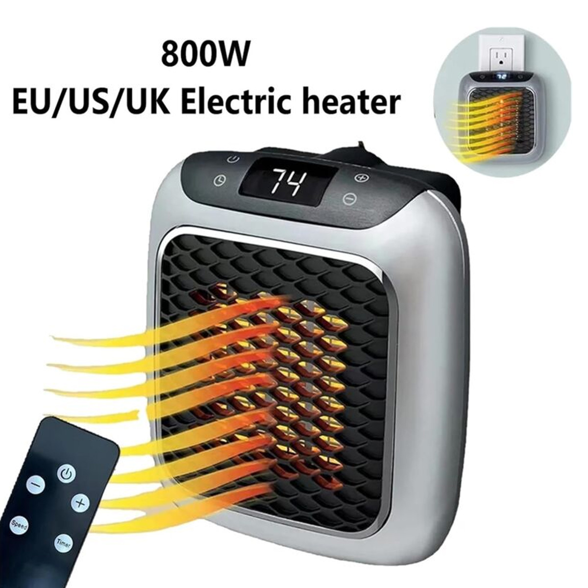 Ein 800W Elektroheizer mit digitalem Display, Fernbedienung und orangen Wärmestrahlen.