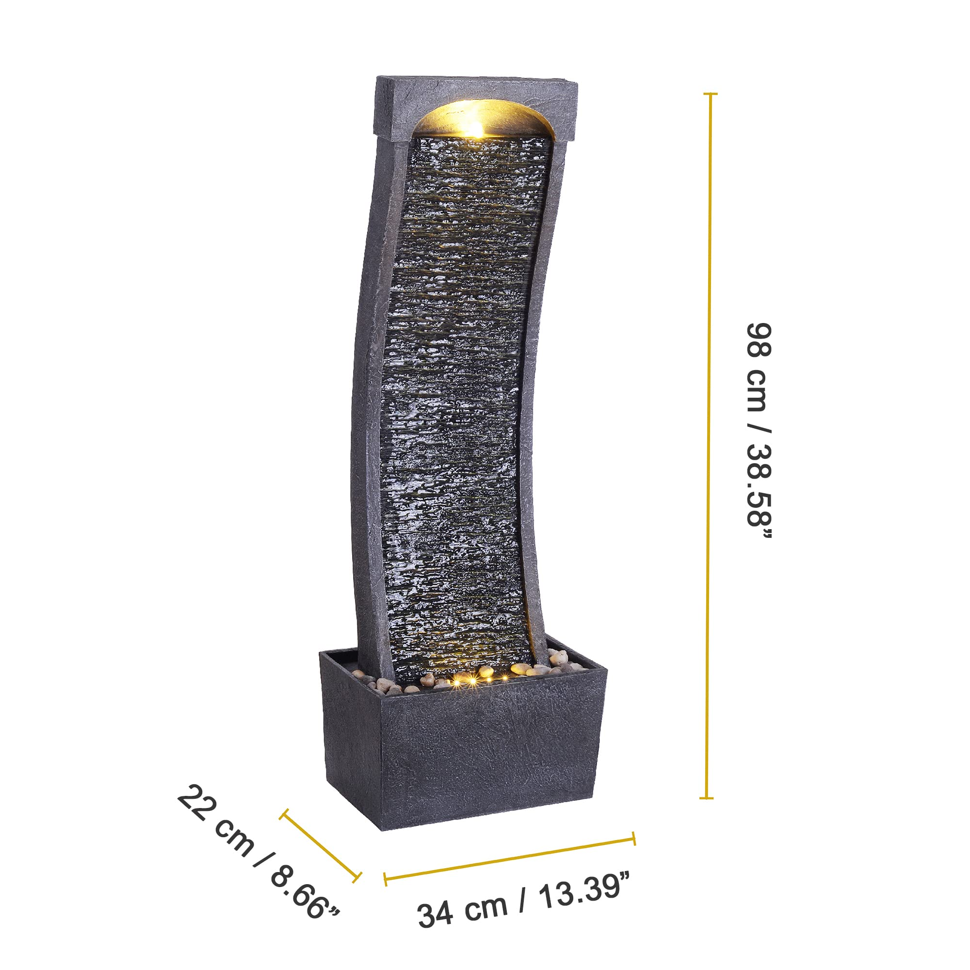 Fontaine d'intérieur grise et courbée avec lumières, mesurant 98 cm de haut, 34 cm de large et 22 cm de profondeur.