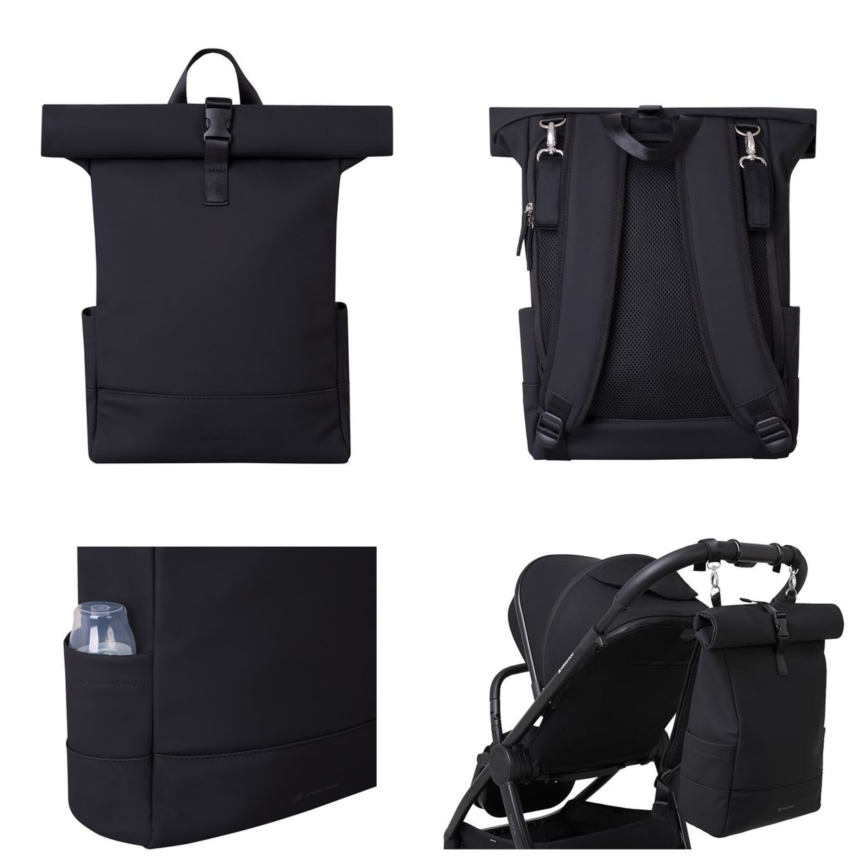 Vier Ansichten eines schwarzen Wickelrucksacks mit Roll-Top, Seitentasche für Flaschen und Kinderwagenbefestigung.