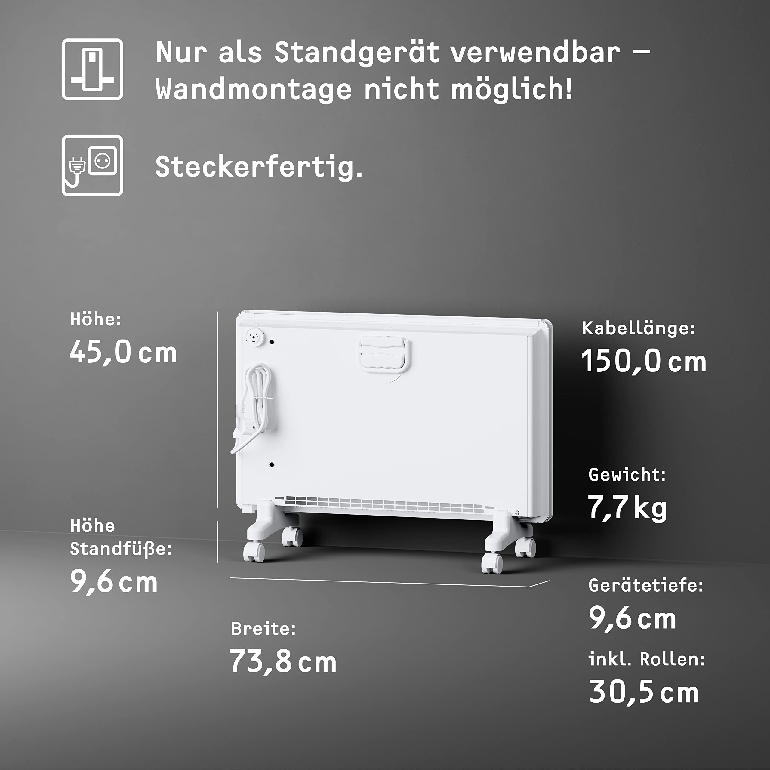 Technische Daten und Maße eines weißen Standheizgeräts vor grauem Hintergrund.