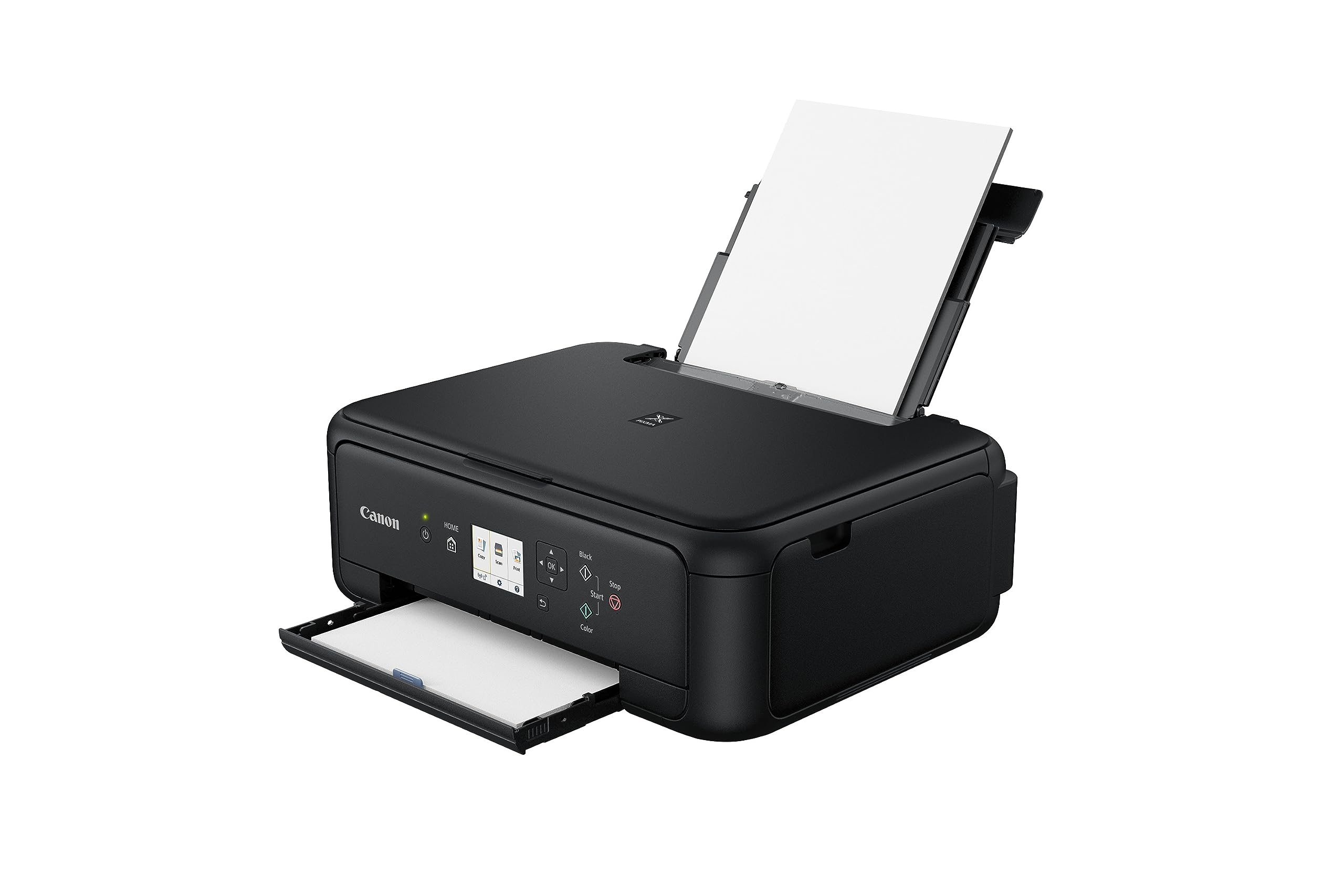 Una stampante inkjet Canon nera con carta caricata nel vassoio superiore e un vassoio di uscita esteso.