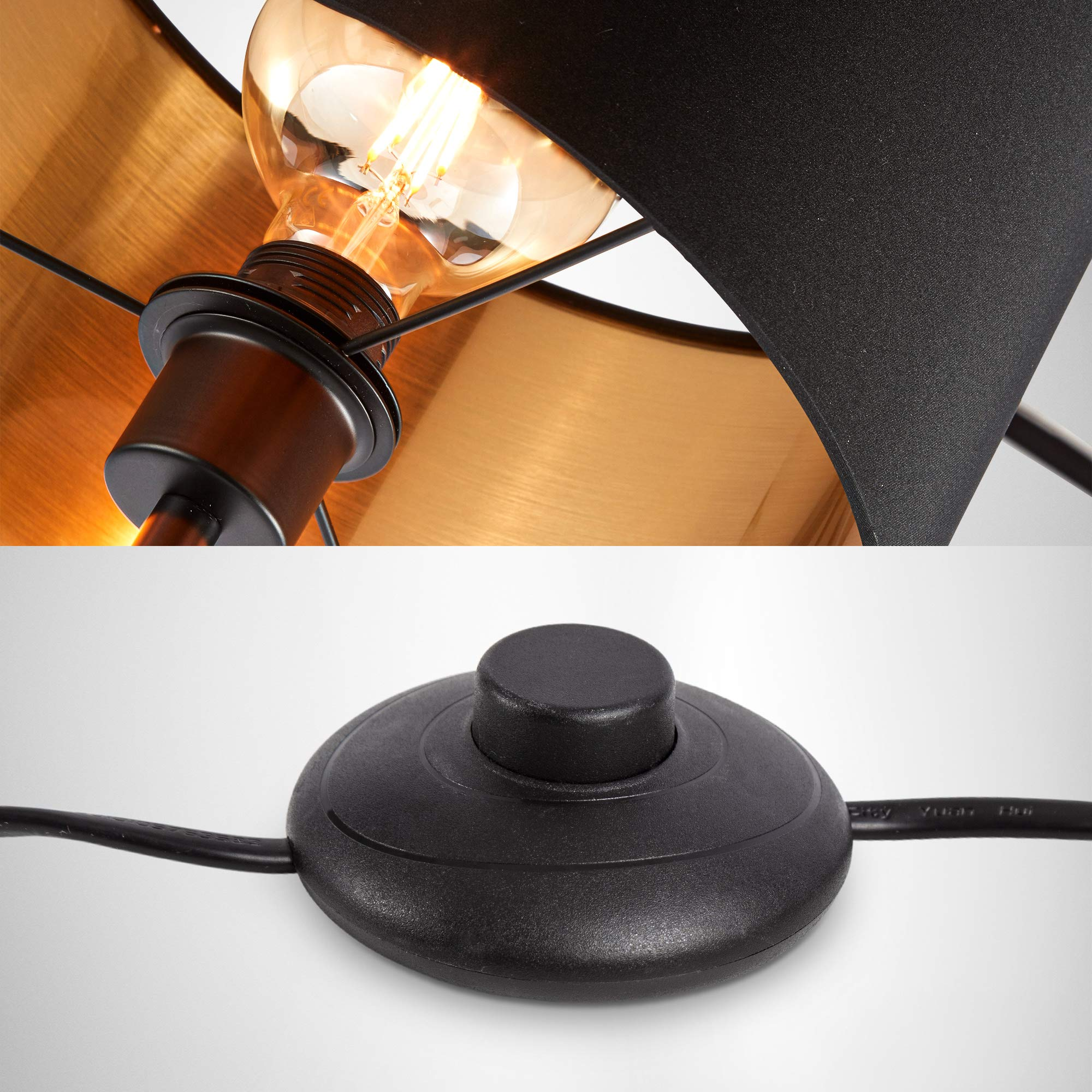 Primo piano di una lampada con paralume nero, lampadina calda e interruttore a pedale nero su sfondo bianco.