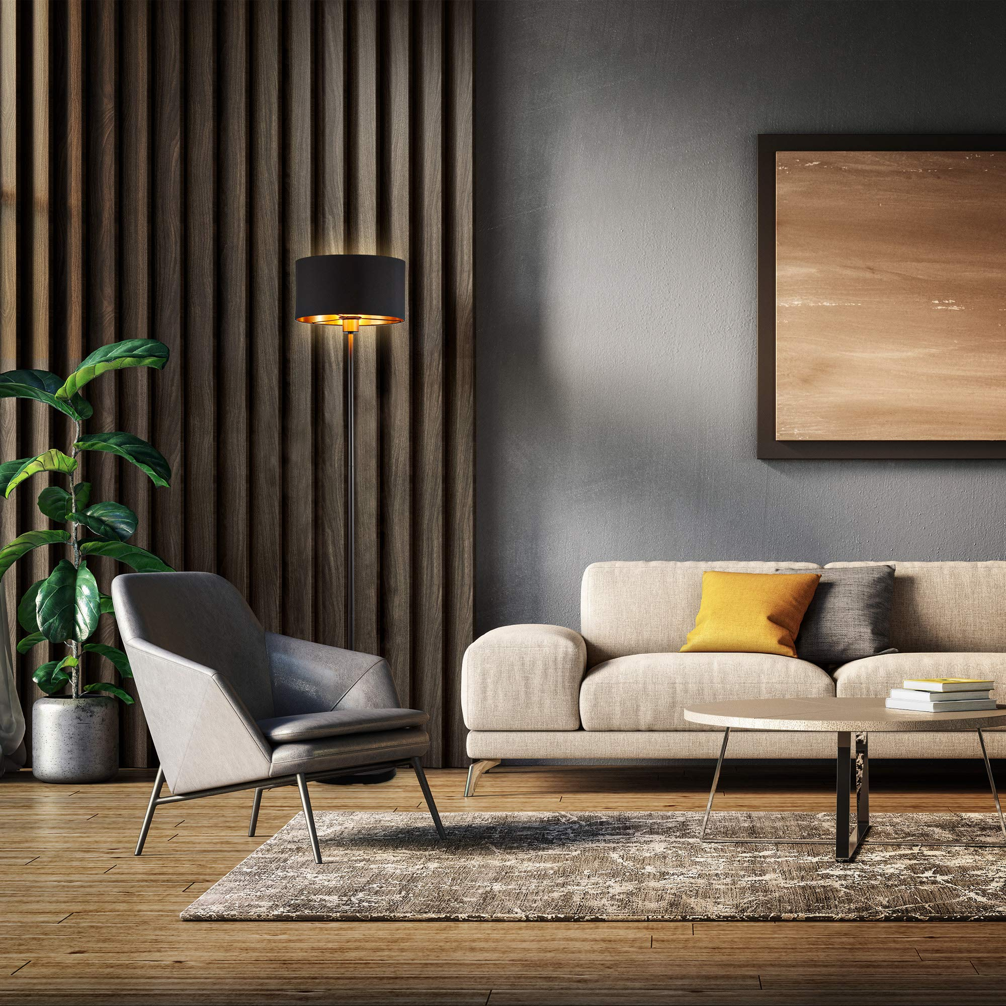 Salotto moderno con divano, poltrona, tavolino, lampada da terra, quadro e pianta in vaso.