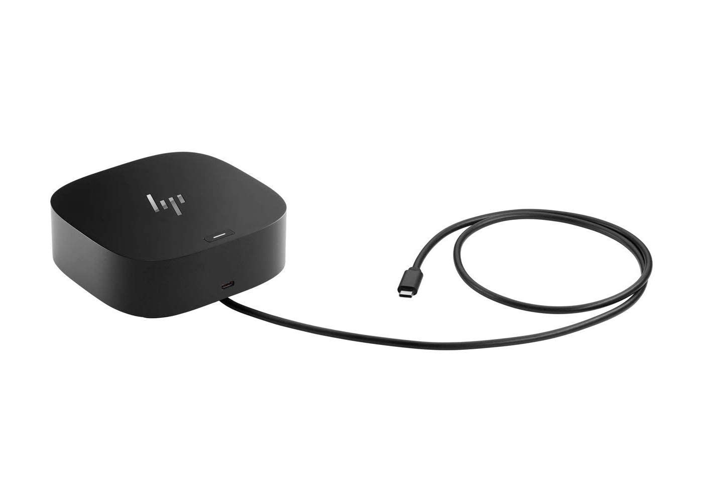 Un concentrateur d'amarrage HP noir avec des coins arrondis et un câble USB-C attaché sur fond blanc.