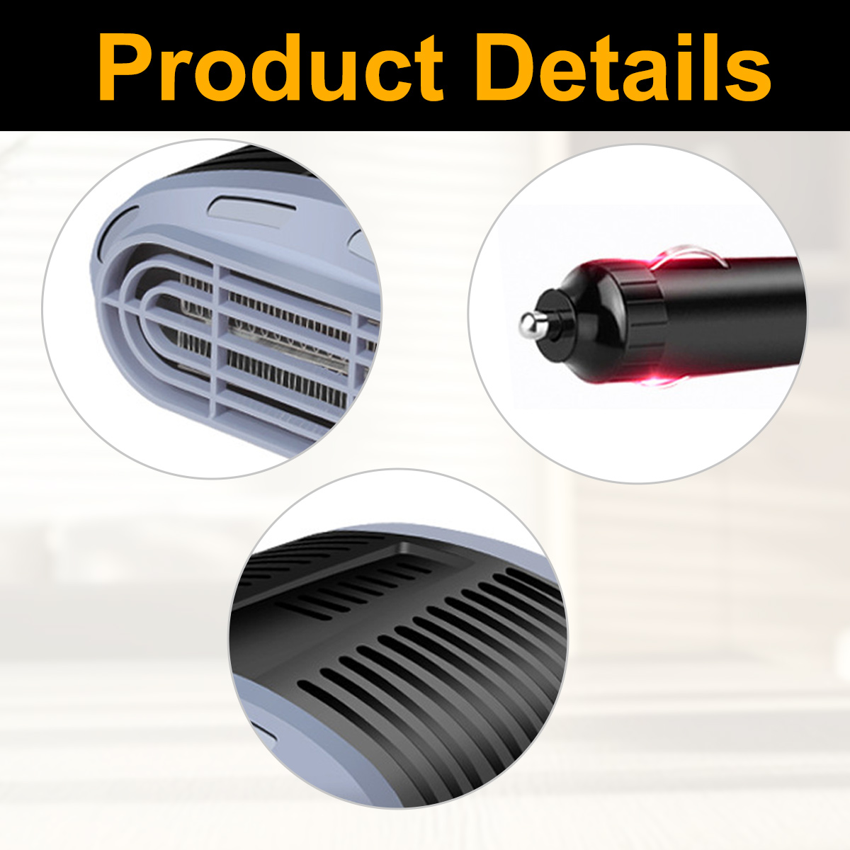 Produktdetails zeigen die Lüftungsöffnungen, die schwarze Oberseite und den Autostecker des Geräts.