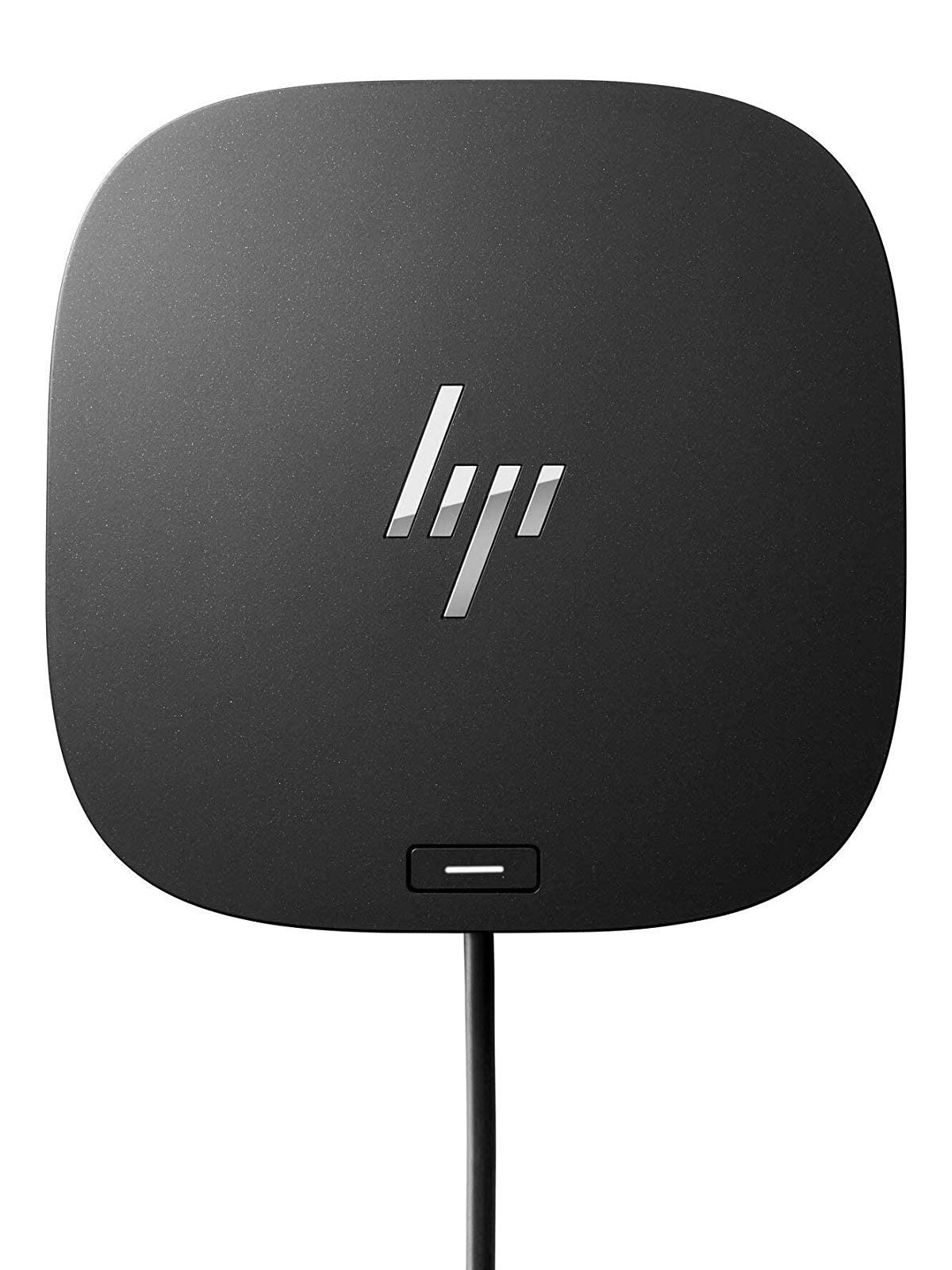 Un appareil HP noir carré aux coins arrondis, avec un logo argenté et un câble sur fond blanc uni.