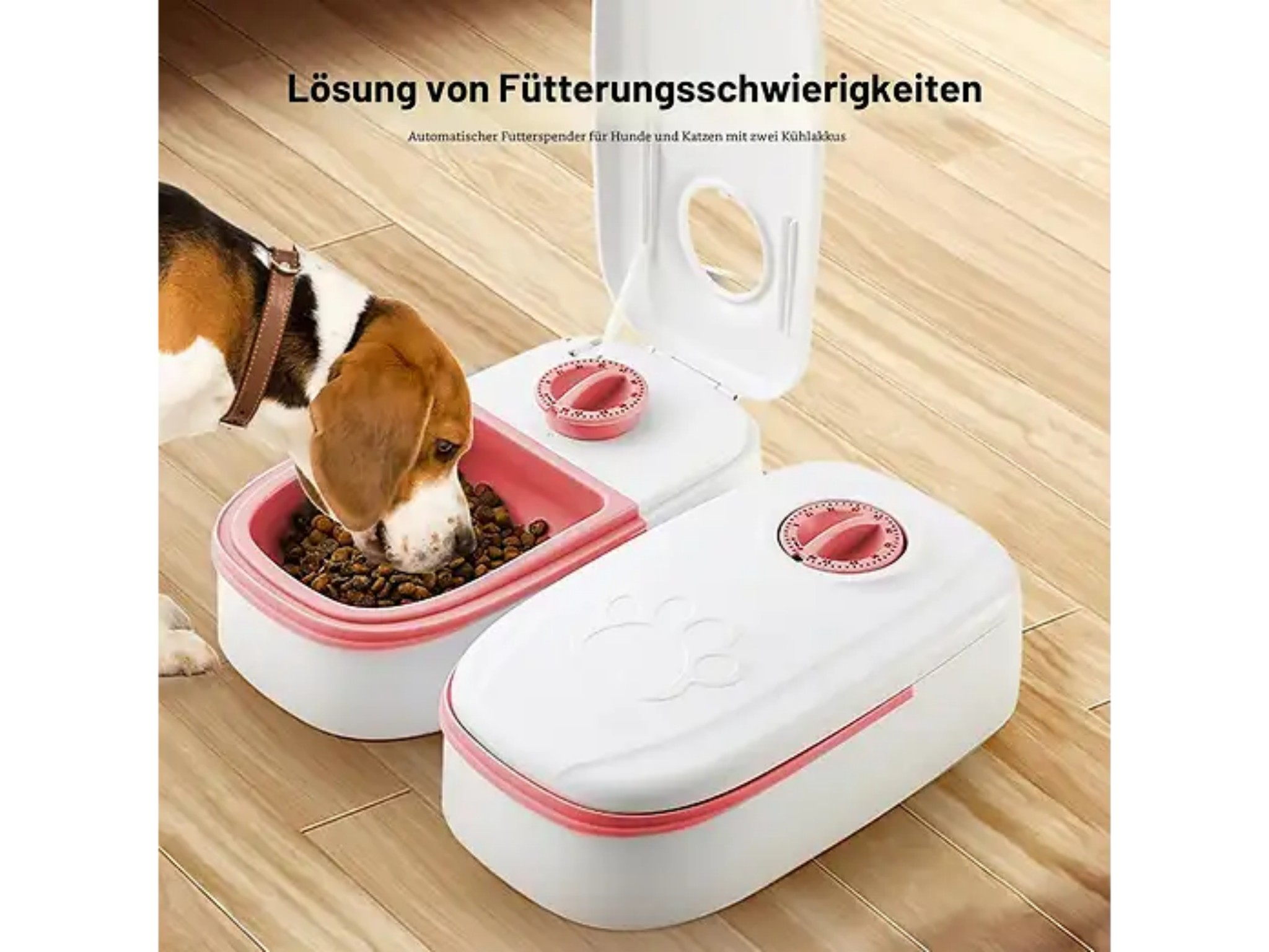 Ein Hund frisst Futter aus einem automatischen, weißen und rosa Napf auf Holzfussboden.