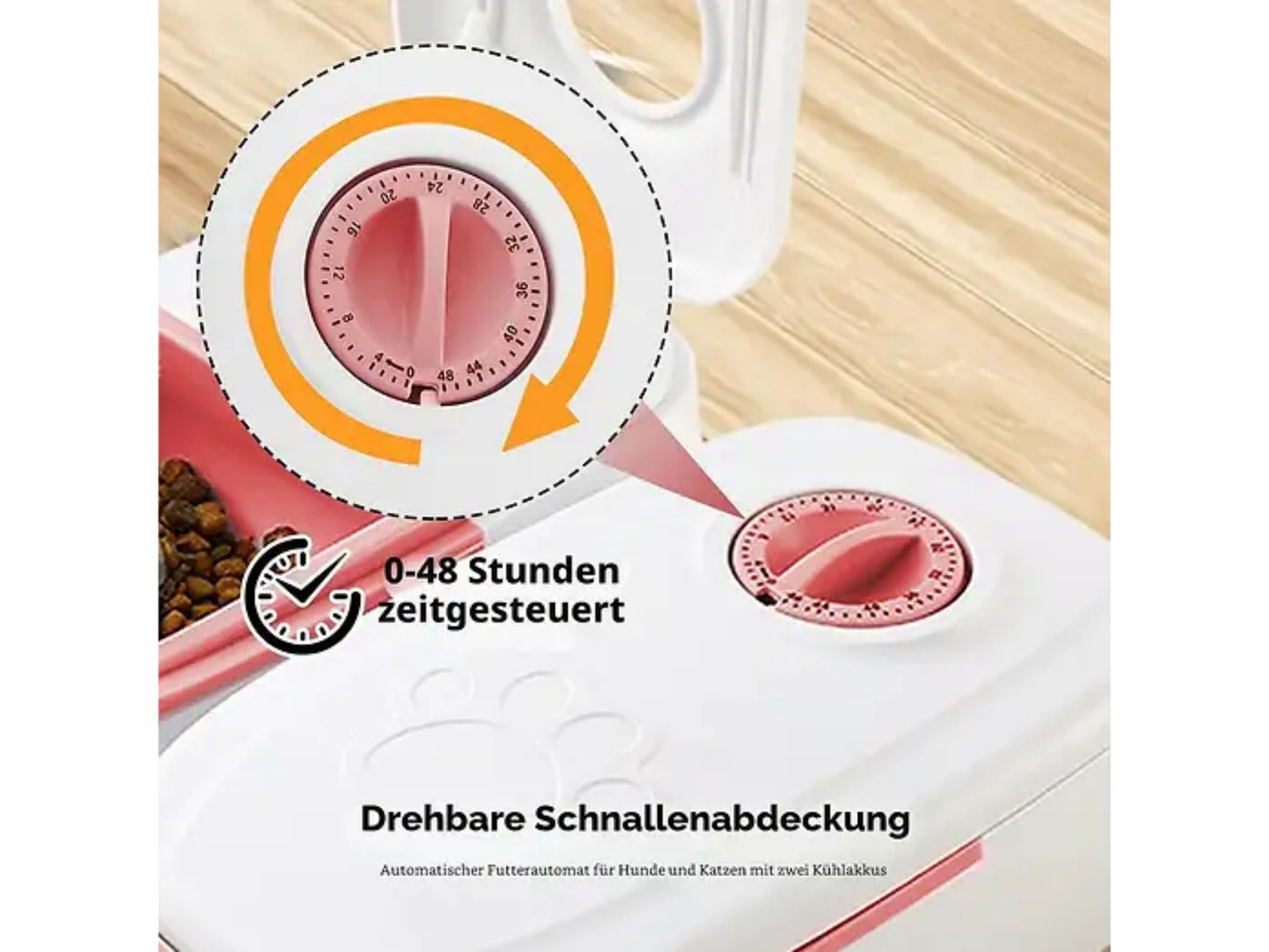 Ein automatischer Futterautomat mit einer rosafarbenen 48-Stunden-Zeitschaltuhr und Hundepfoten-Motiv.
