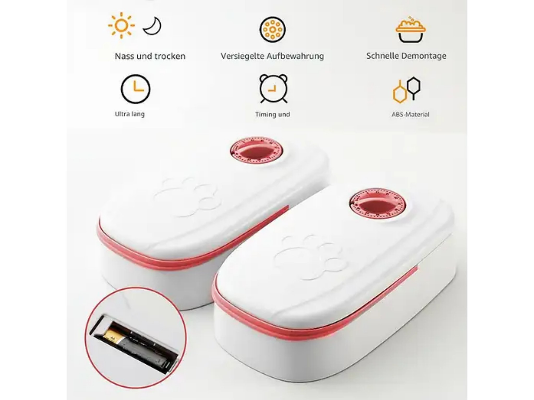Zwei weiße automatische Futterautomaten mit roten Akzenten, Timer und Icons für Funktionen.