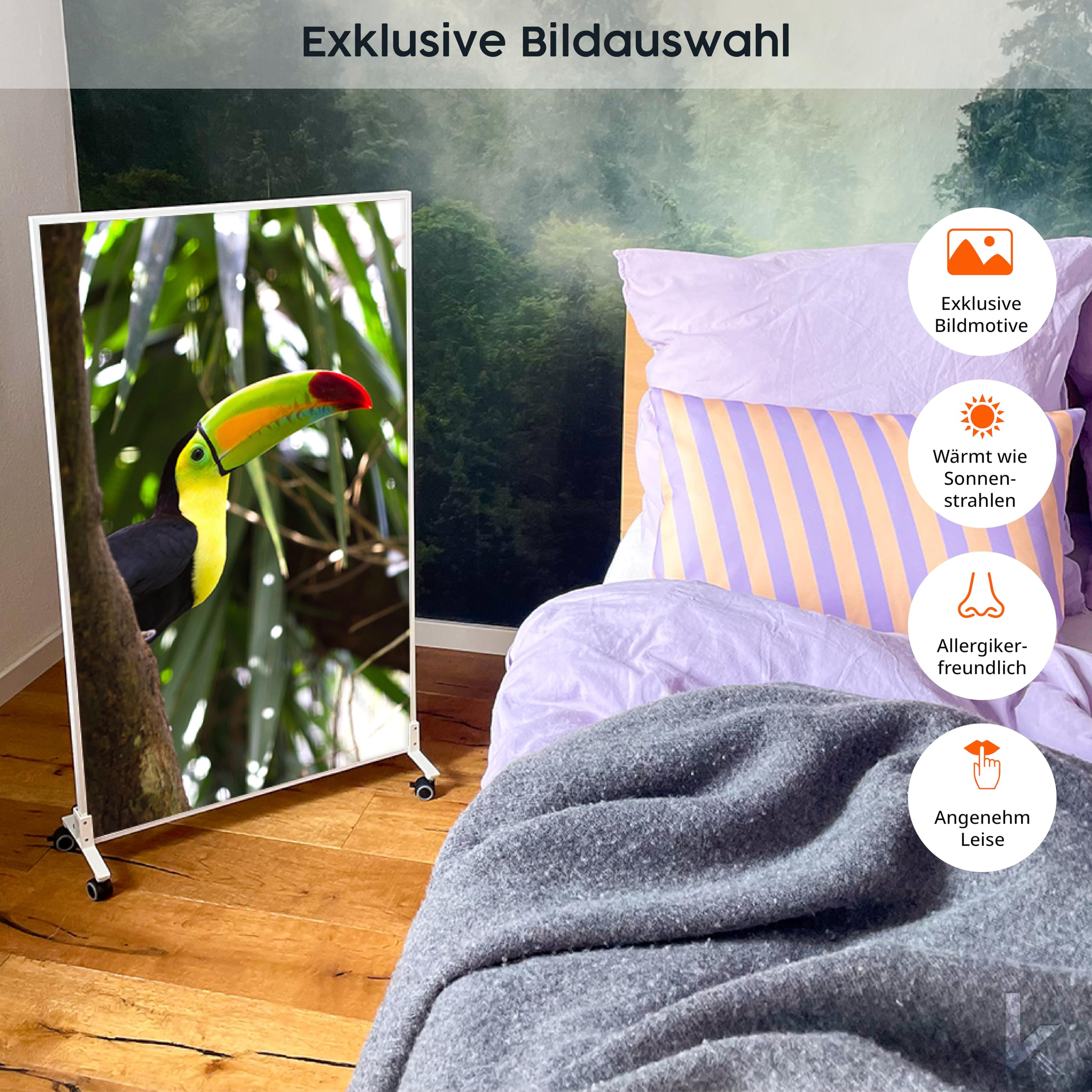 Heizpaneel mit Toucan-Motiv neben einem Bett im Schlafzimmer, mit Infografiken auf der rechten Seite.