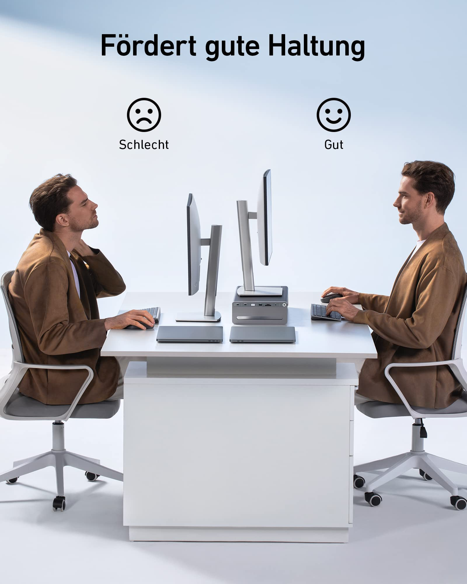 Confronto tra cattiva e buona postura a una scrivania con monitor.