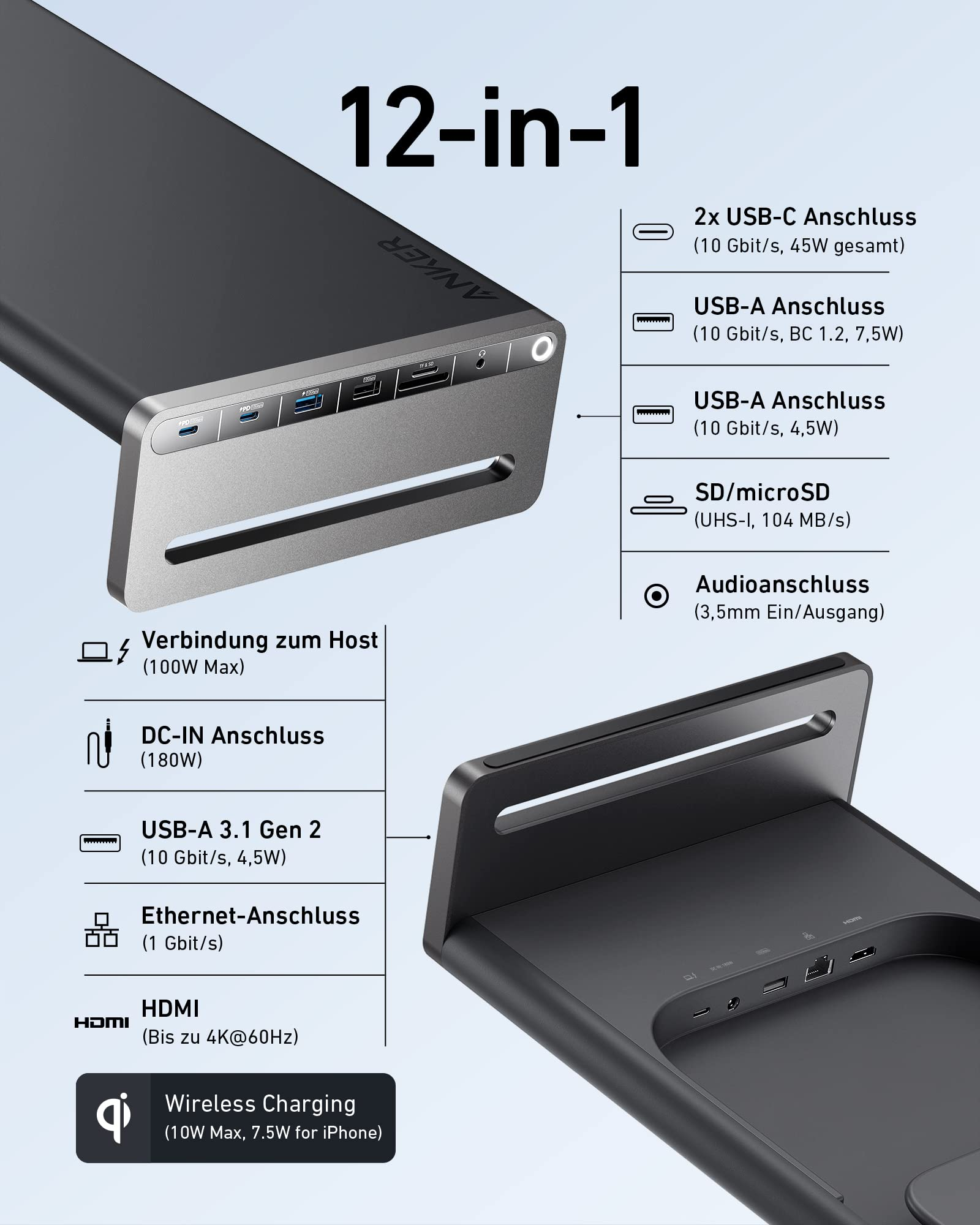 Diagramma di una docking station nera 12-in-1 che mostra varie porte e specifiche tecniche.