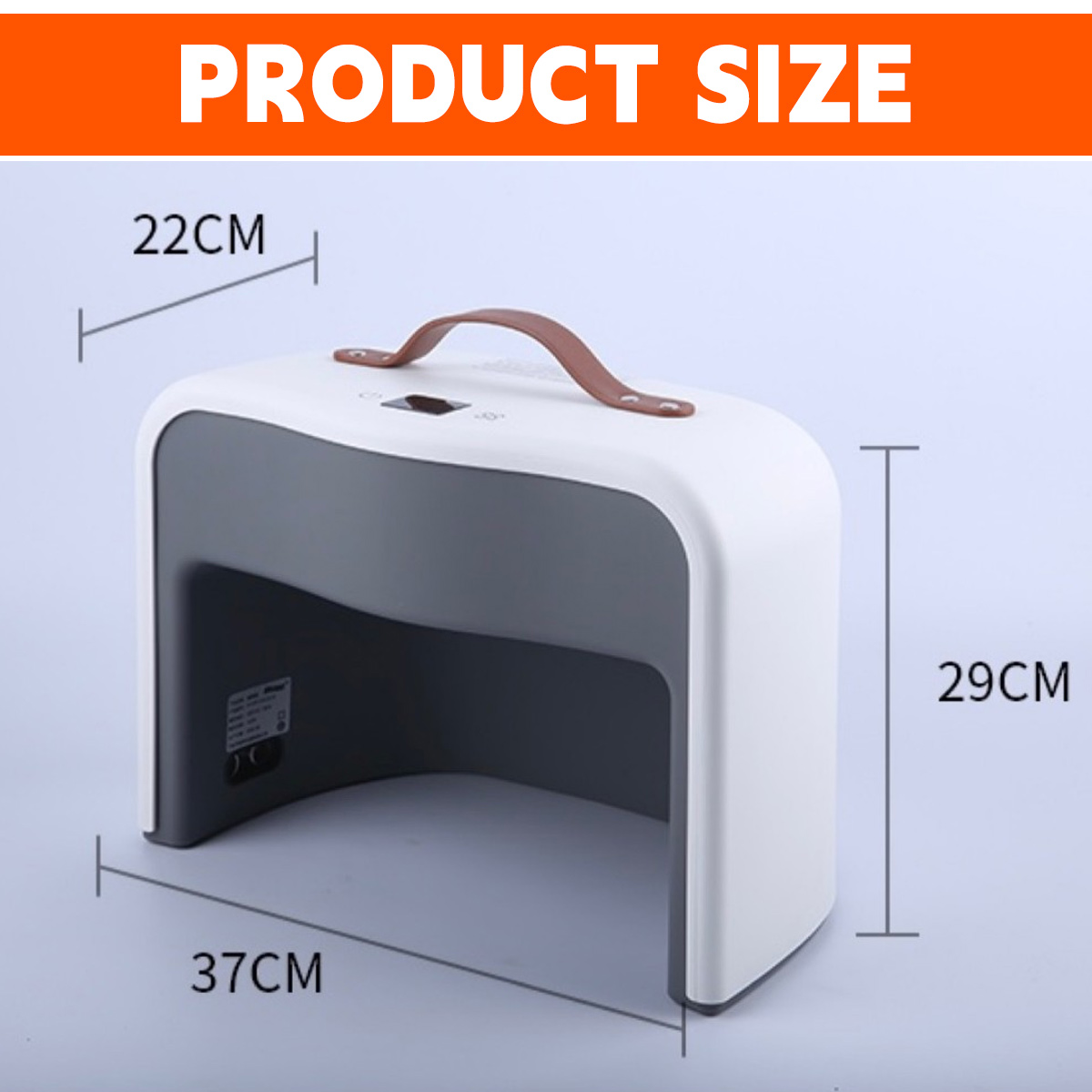 Diagramm zeigt die Produktabmessungen einer grau-weißen Bogenmaschine: 37cm Breite, 29cm Höhe und 22cm Tiefe.