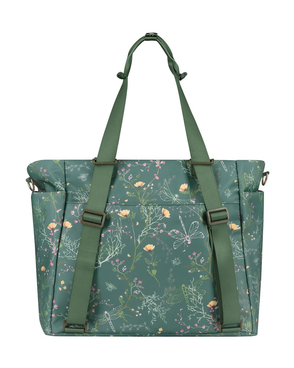 Grüne Tragetasche mit Blumen- und Libellenmuster, verstellbaren Trägern und Vordertaschen vor weißem Hintergrund.