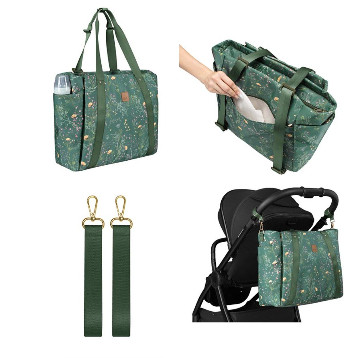 Grüne Wickeltasche mit Blumenmuster, Flaschenhalter, Tragegurten und Befestigung am Kinderwagen.