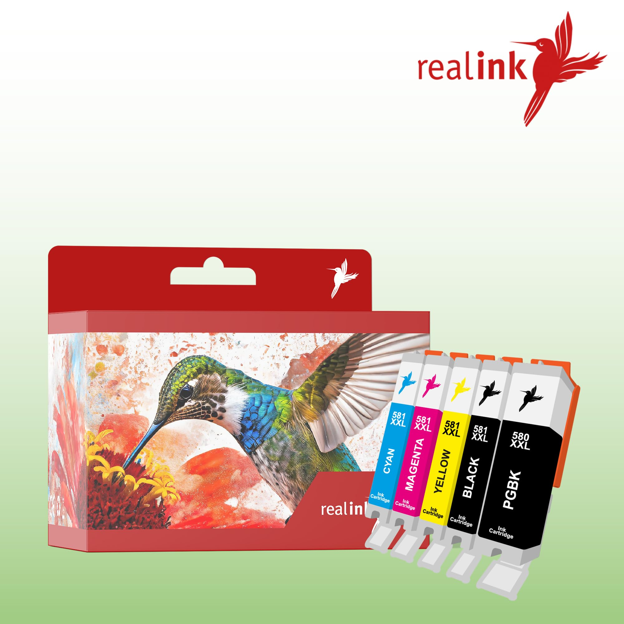 Scatola di cartucce per stampante Realink con colibrì e cinque cartucce colorate.