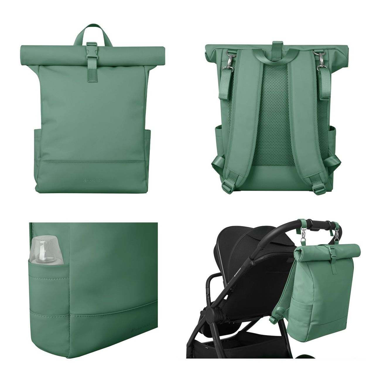 Grüner Wickelrucksack in verschiedenen Ansichten, auch an einem Kinderwagen befestigt und mit Fläschchen in der Seitentasche.