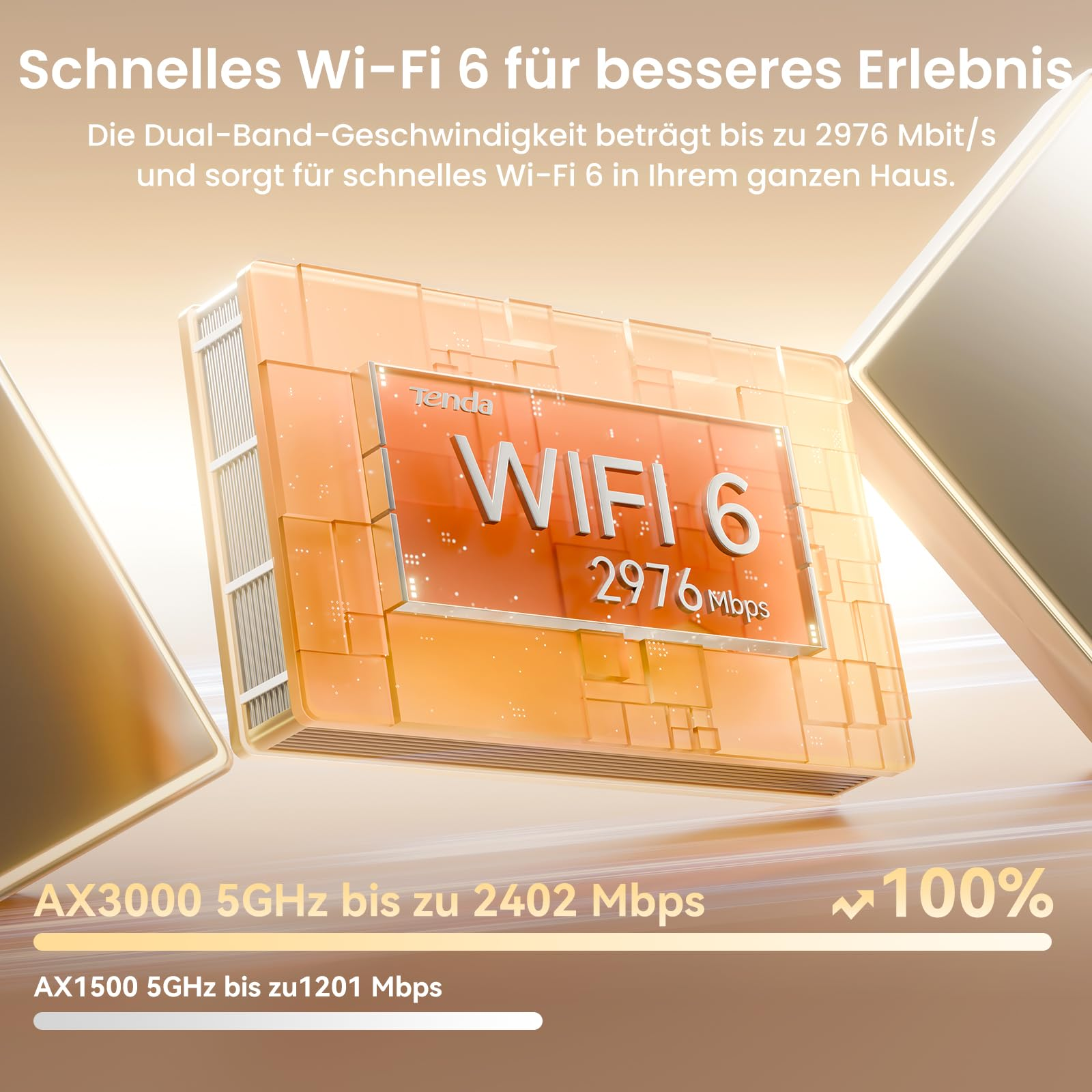 Router Tenda WiFi 6 arancione lucido con testo bianco su sfondo giallo.