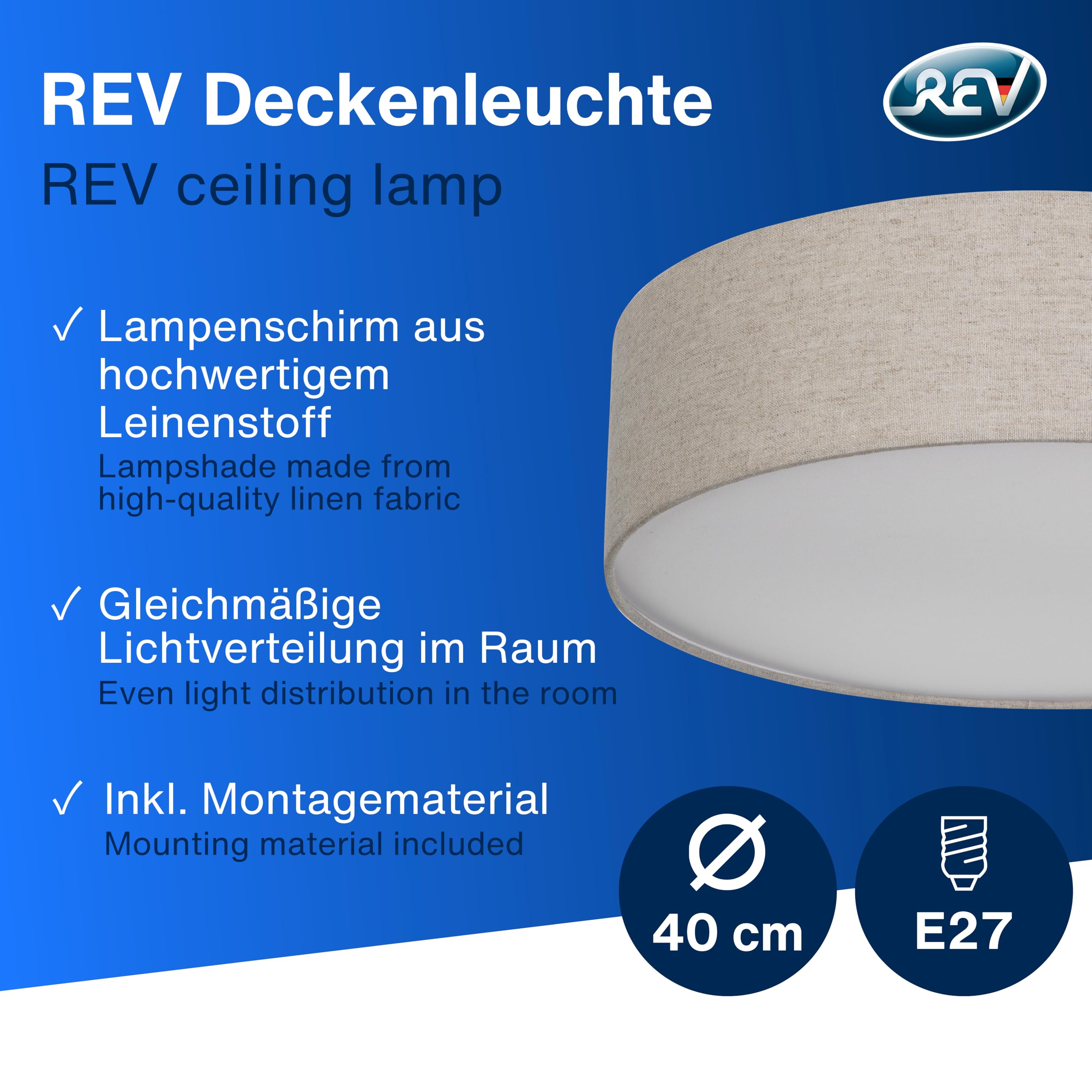 Plafoniera REV con paralume in lino, diametro 40 cm, per lampadina E27.