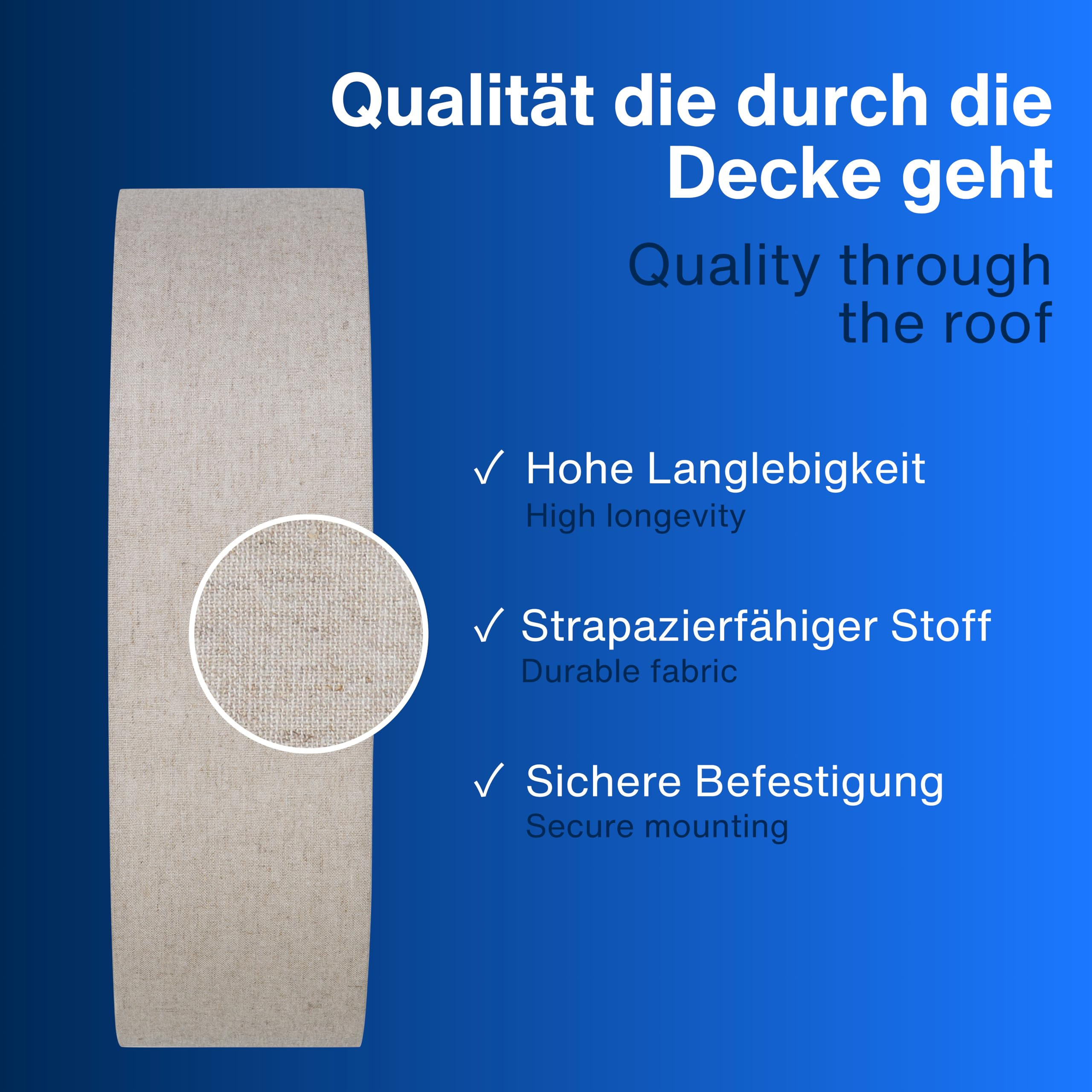 Banner blu con campione di tessuto chiaro e testo che evidenzia longevità, tessuto resistente e fissaggio sicuro.