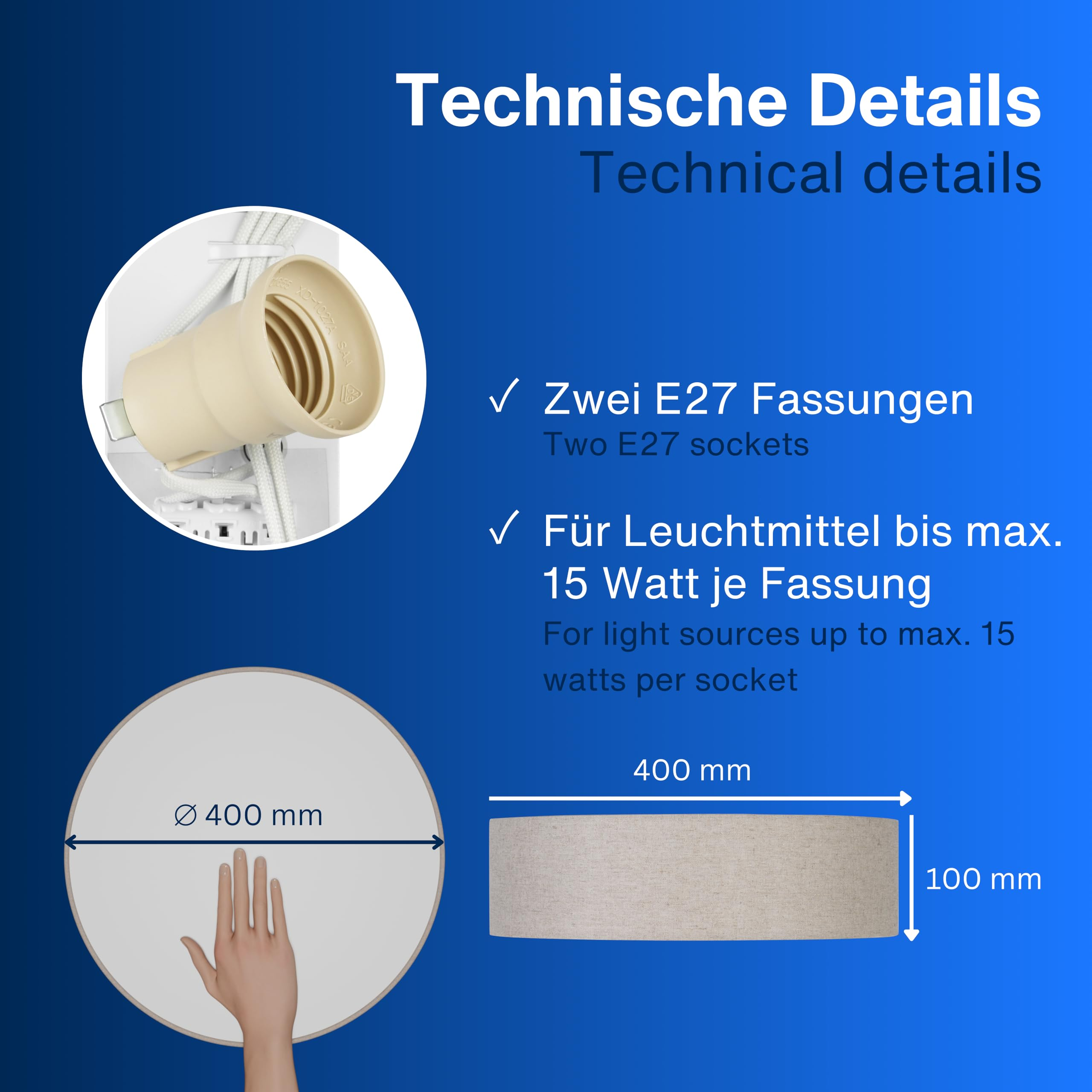 Dettagli tecnici di una lampada: attacchi E27, max. 15 watt, diametro 400 mm, altezza 100 mm su sfondo blu.