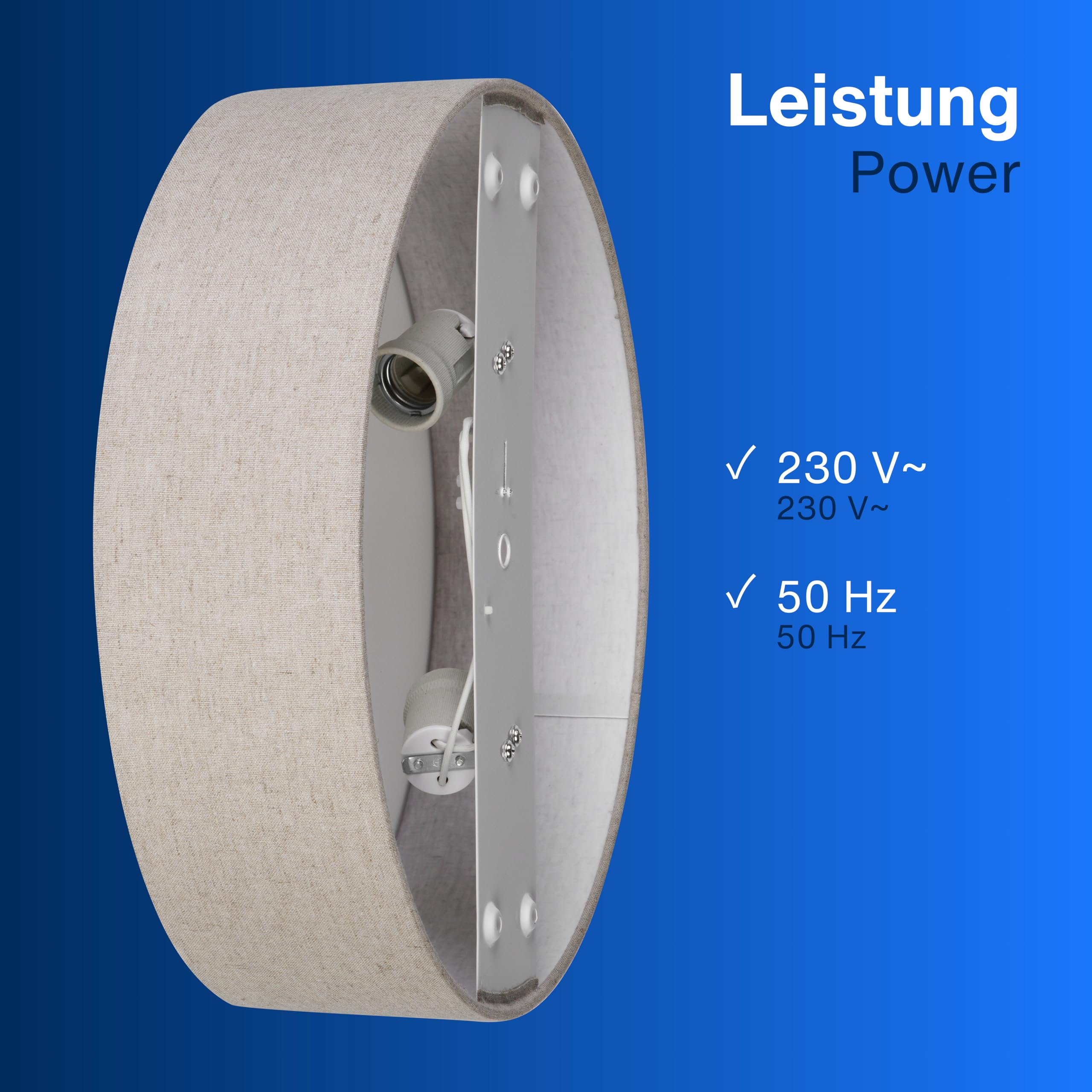 Lampada da soffitto rotonda con paralume in tessuto su sfondo blu e specifiche.