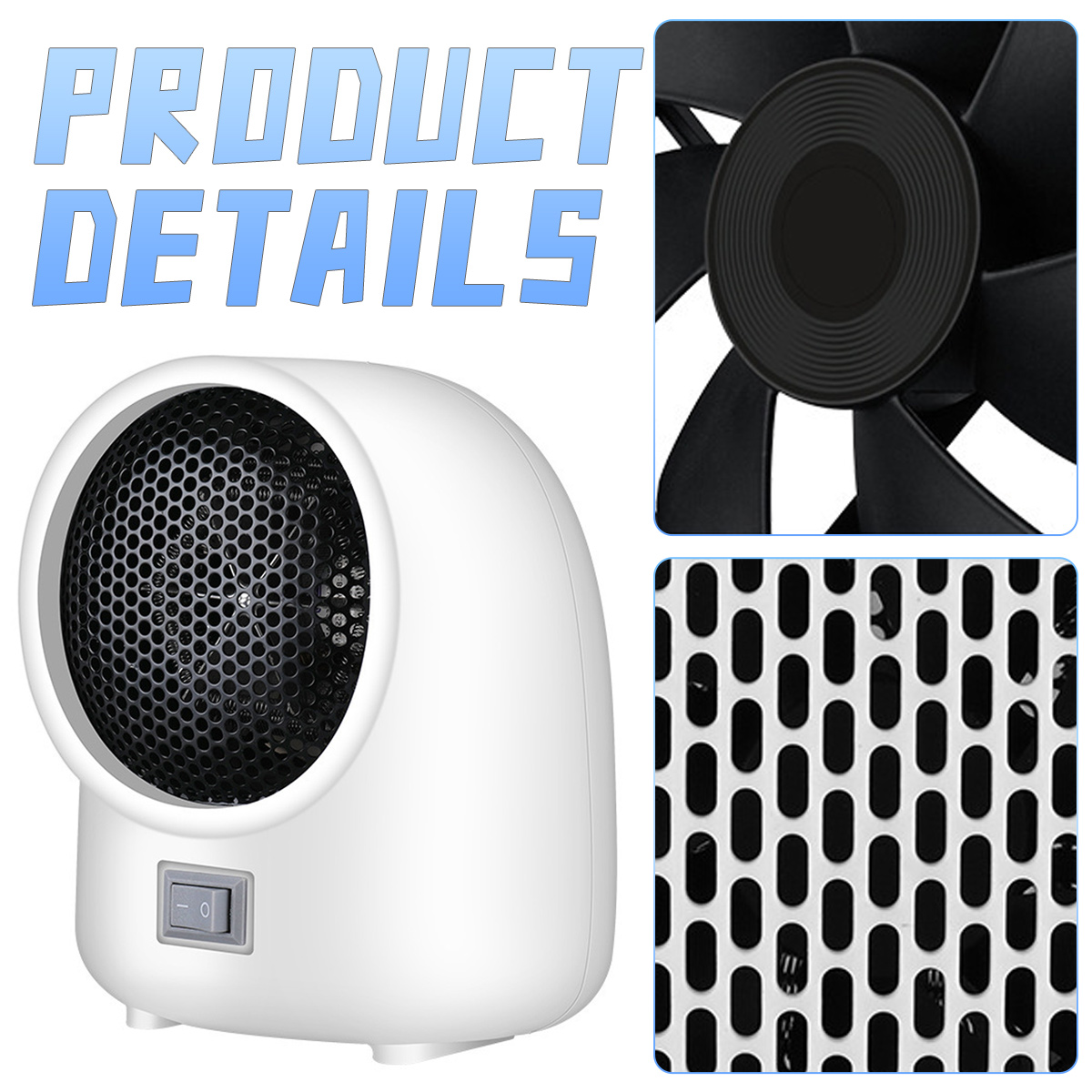 Weißer Heizlüfter mit schwarzem Gitter und Schalter, daneben Detailansichten des Ventilators und der Gitterstruktur.