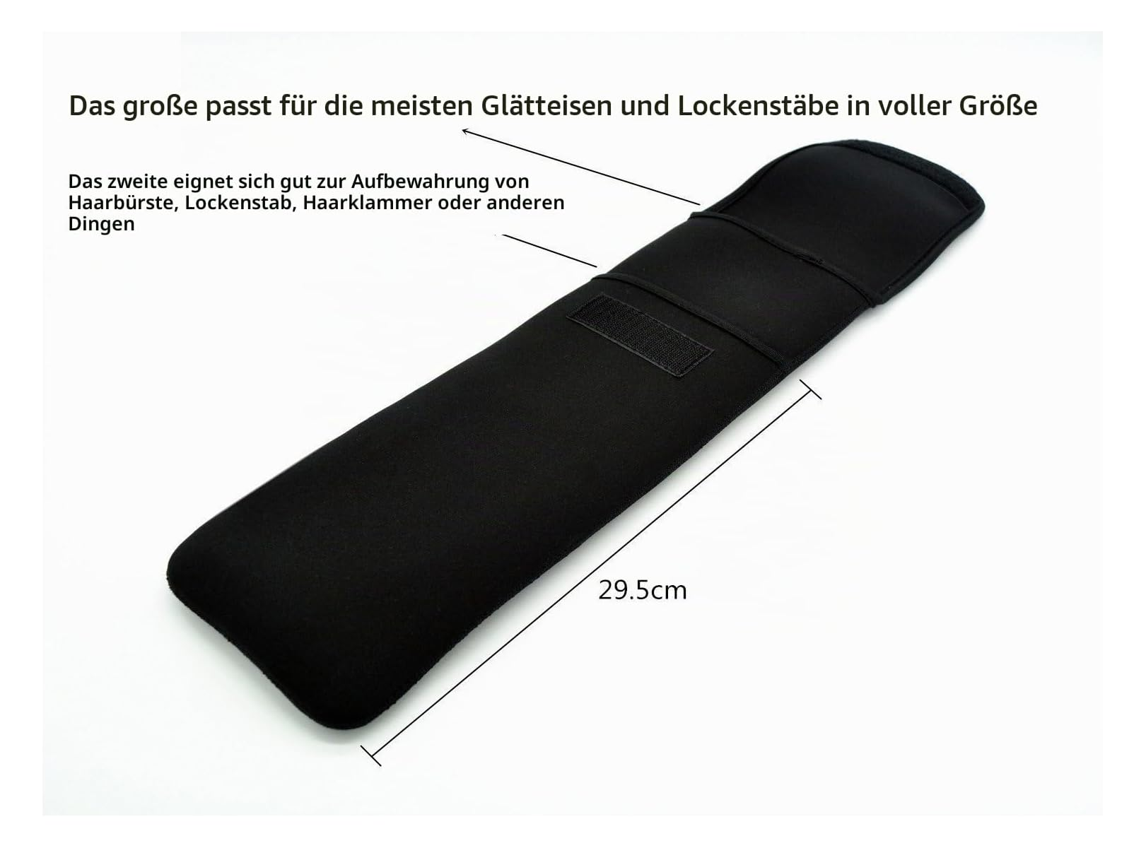 Schwarze Hitzeschutzmatte mit Taschen und Maßen.