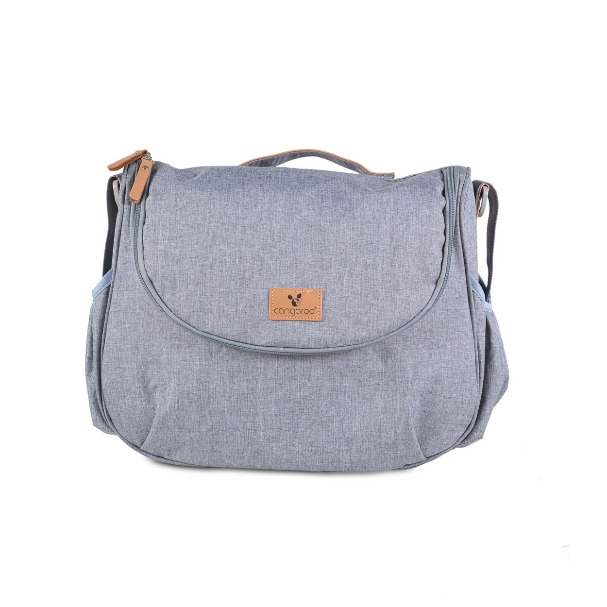 Graue Wickeltasche mit braunen Lederdetails, Tragegriff und Logo auf weißem Hintergrund.