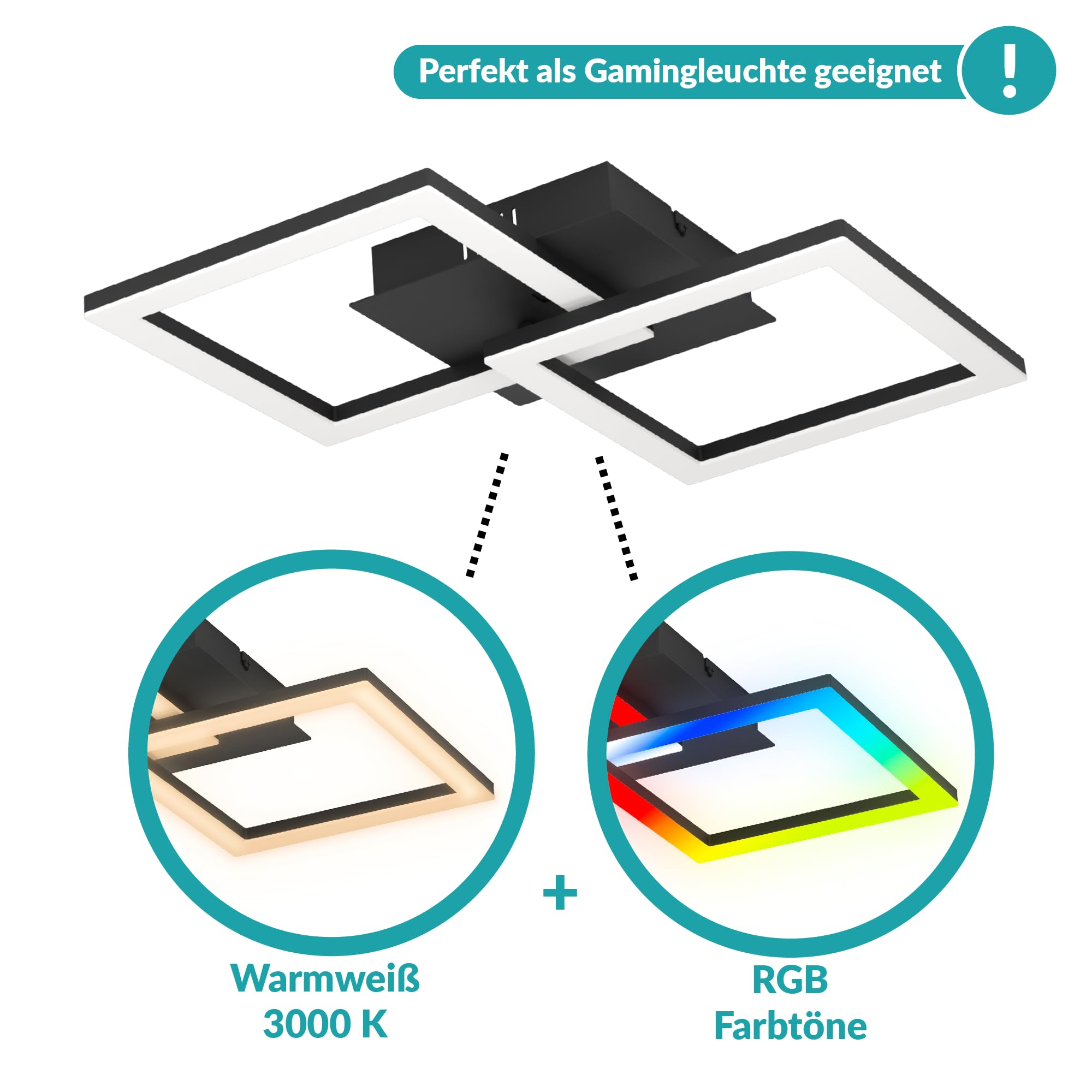 Moderna plafoniera LED nera con luce bianca calda e opzioni di colore RGB, ideale come luce da gaming.