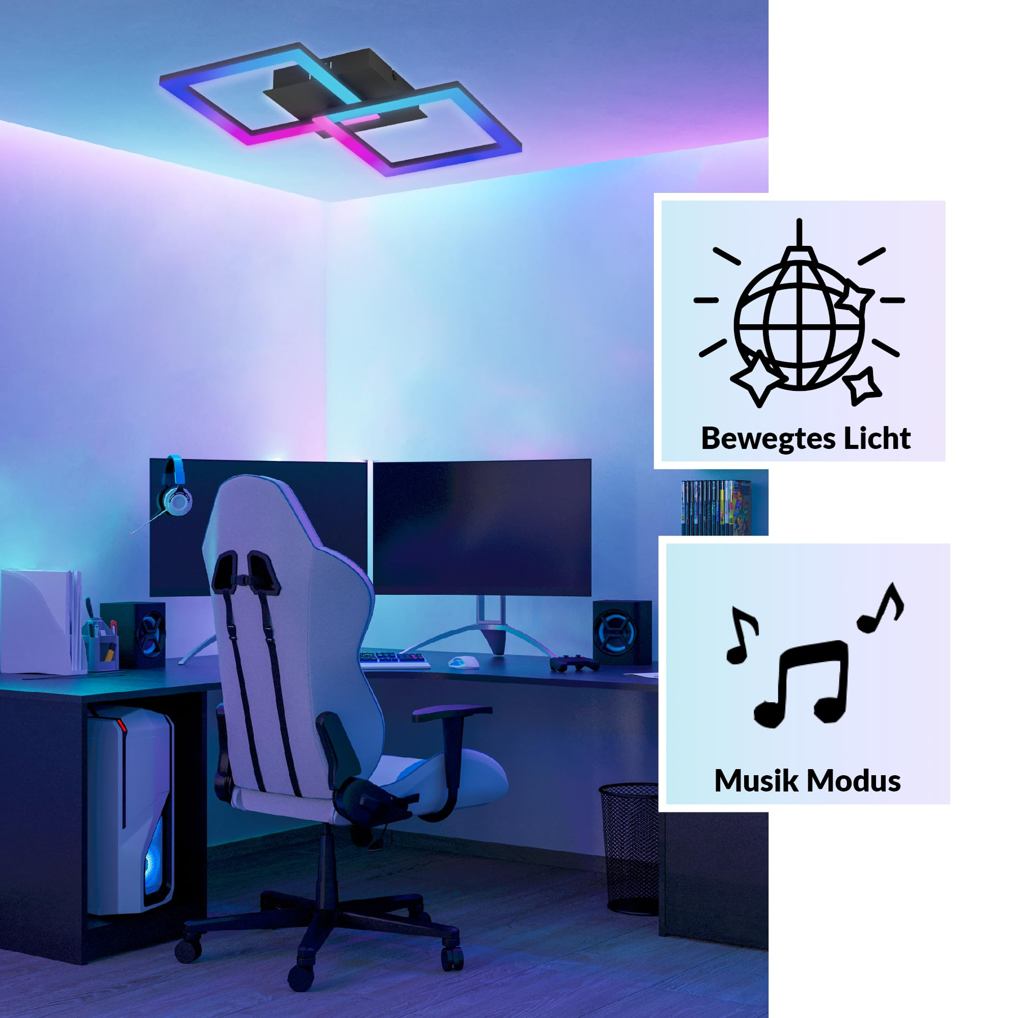 Stanza da gioco con plafoniera LED, due monitor, sedia bianca e due icone di effetti di luce.