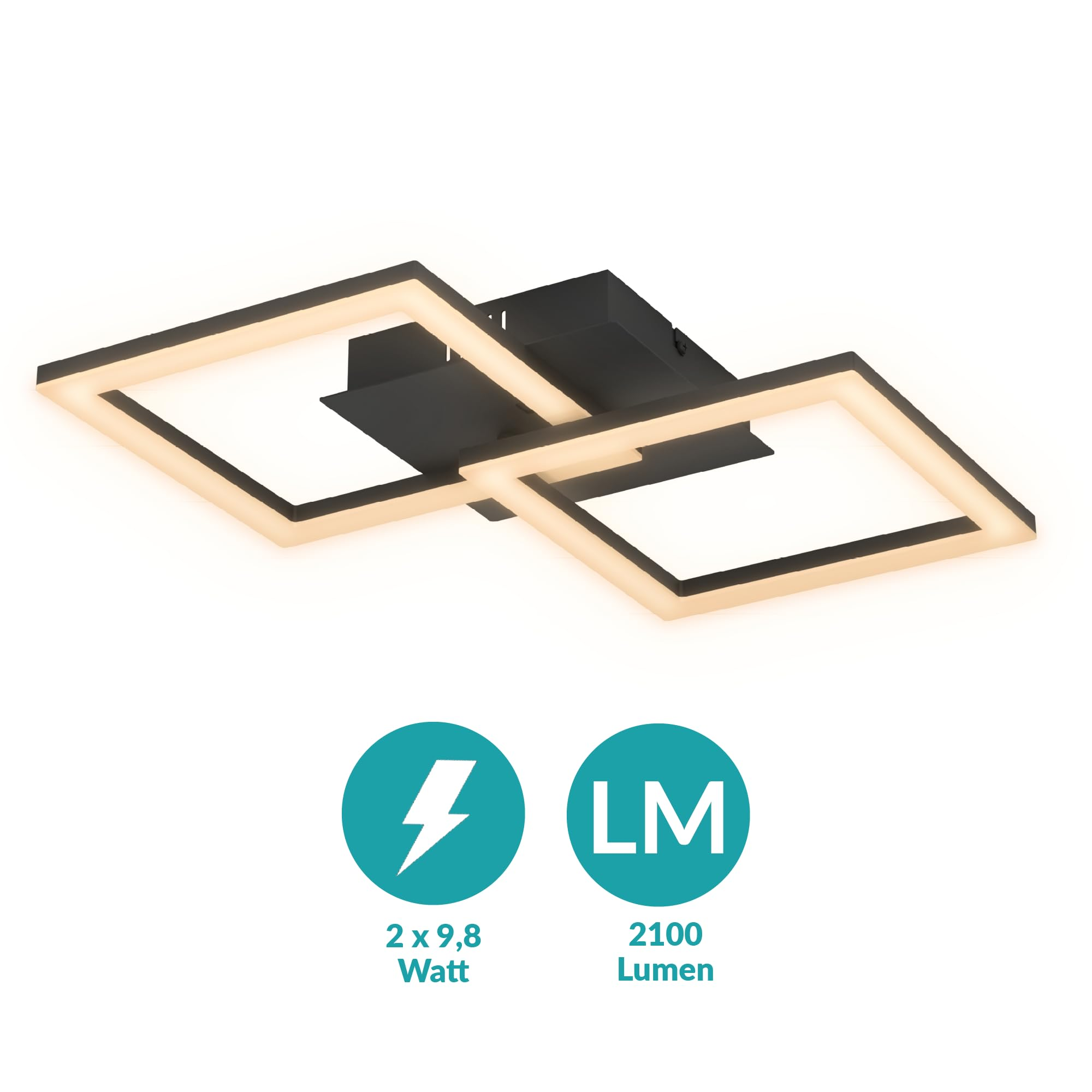 Moderna plafoniera nera con due elementi luminosi a LED quadrati.