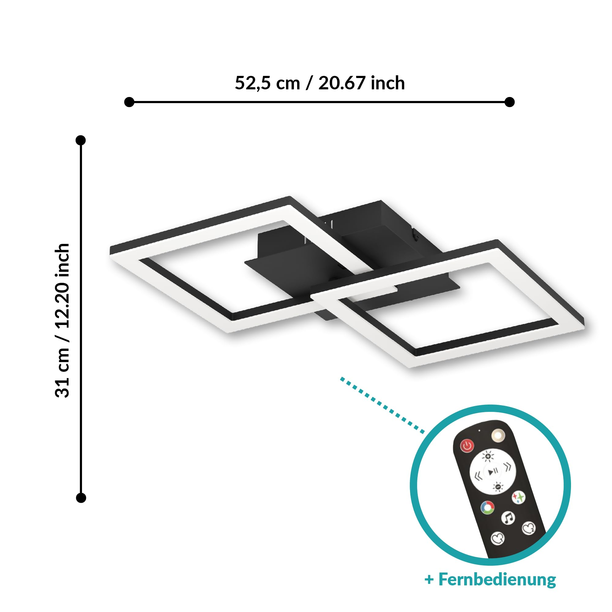 Moderna plafoniera nera con due elementi quadrati e telecomando, dimensioni 52,5 x 31 cm.