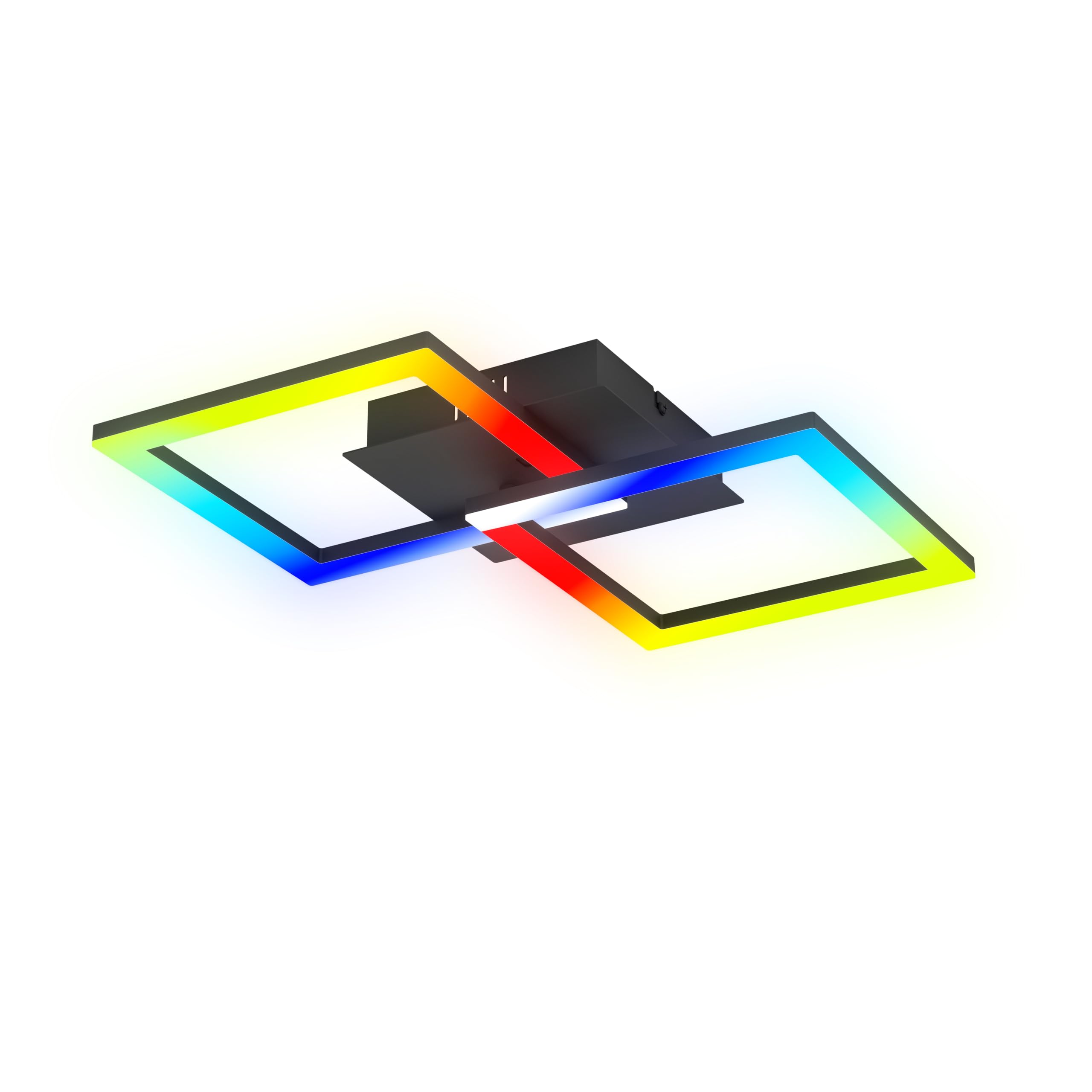 Moderna plafoniera con due cornici quadrate intrecciate e dai colori vivaci su sfondo bianco.