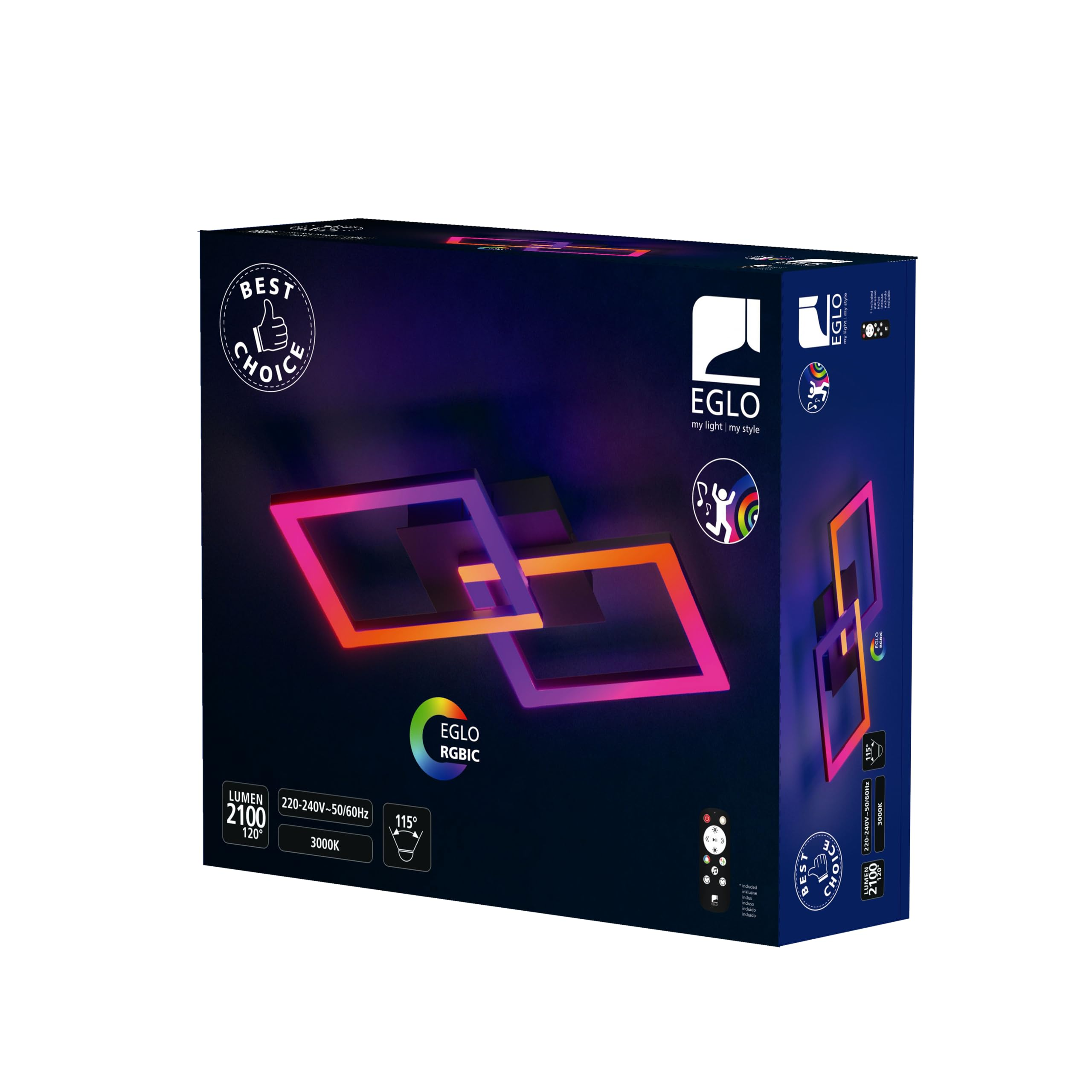 Confezione di plafoniera LED Eglo con elementi luminosi quadrati colorati su sfondo scuro.