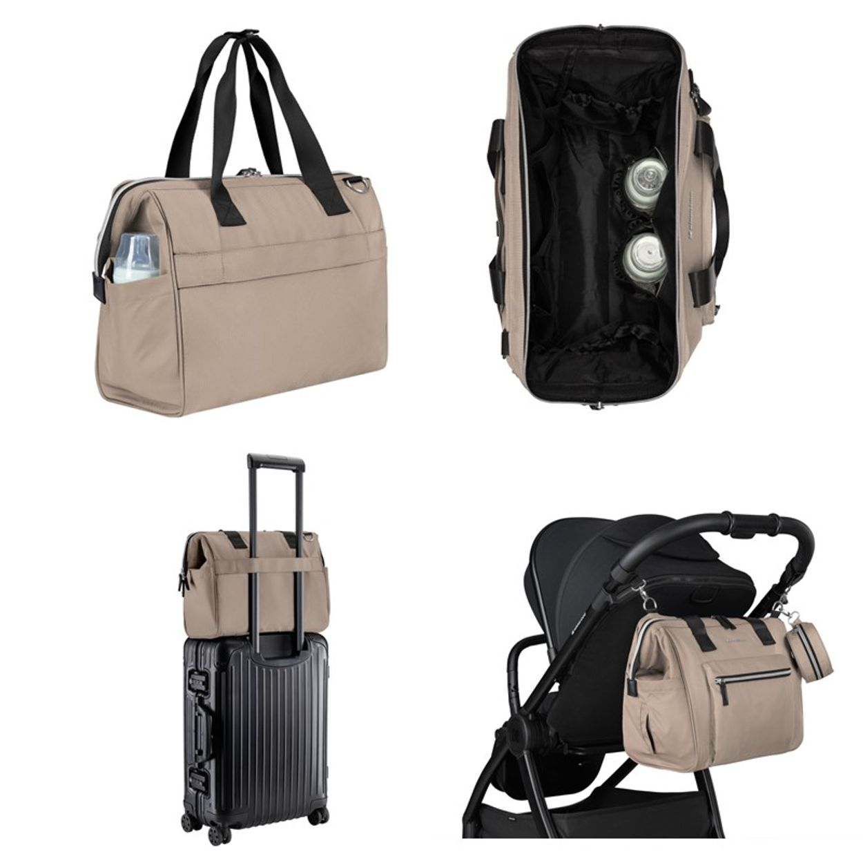 Eine beigefarbene Wickeltasche mit schwarzen Henkeln, geschlossen, offen mit Flaschen, auf Koffer und am Kinderwagen.