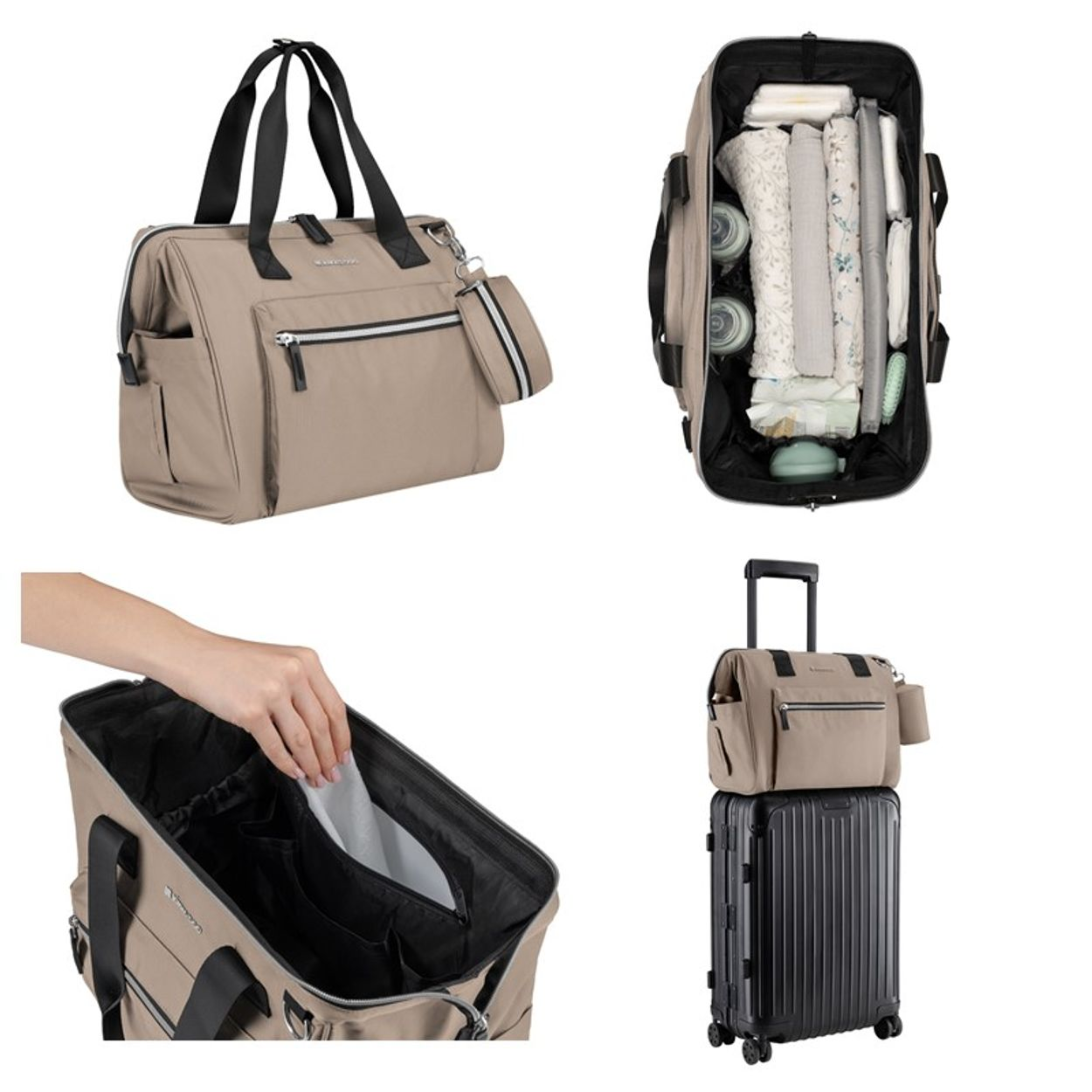 Eine beigefarbene Wickeltasche mit schwarzen Griffen, geschlossen, gepackt, geöffnet und auf einem Koffer.