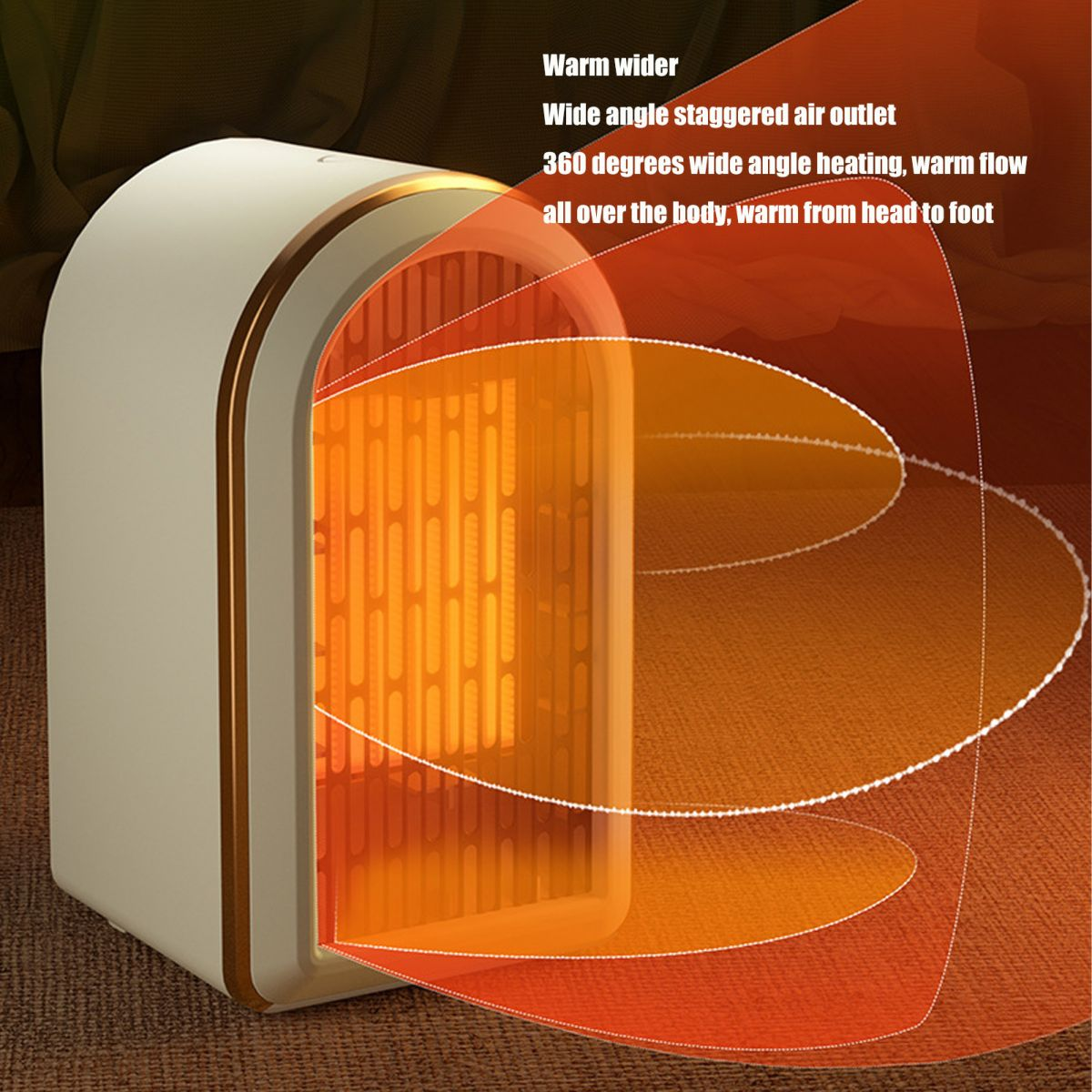 Kompakter weißer Raumheizer mit goldenem Rand und orangefarbenem Luftstrom-Diagramm.