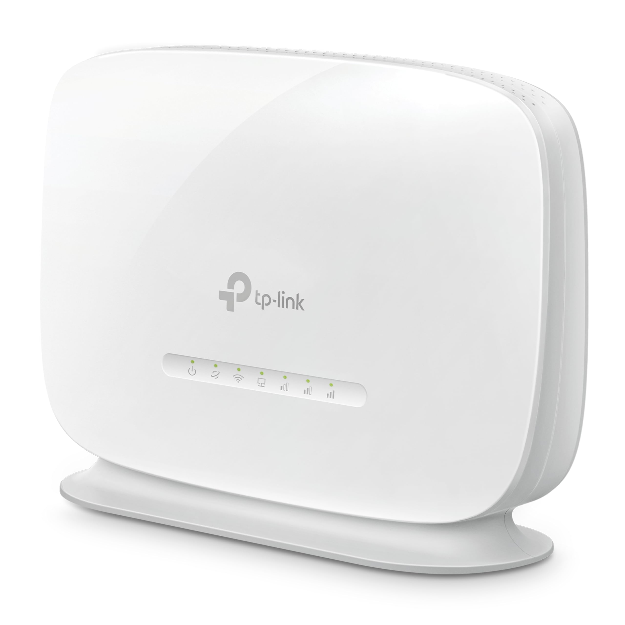 Un router TP-Link bianco si trova in posizione verticale su un supporto, con spie verdi e il logo del marchio.