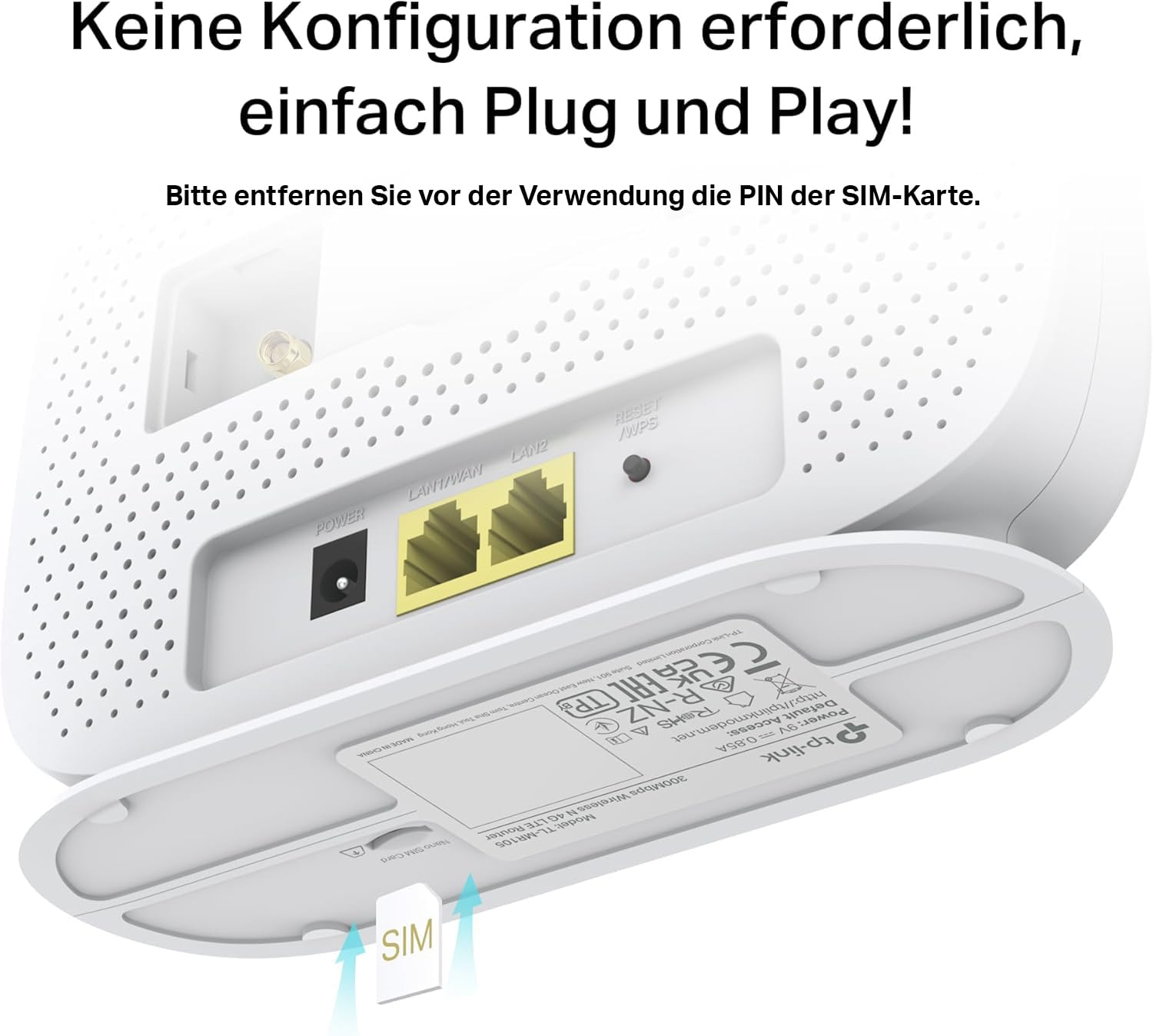 Vista posteriore di un router TP-Link bianco con porte e scheda SIM.