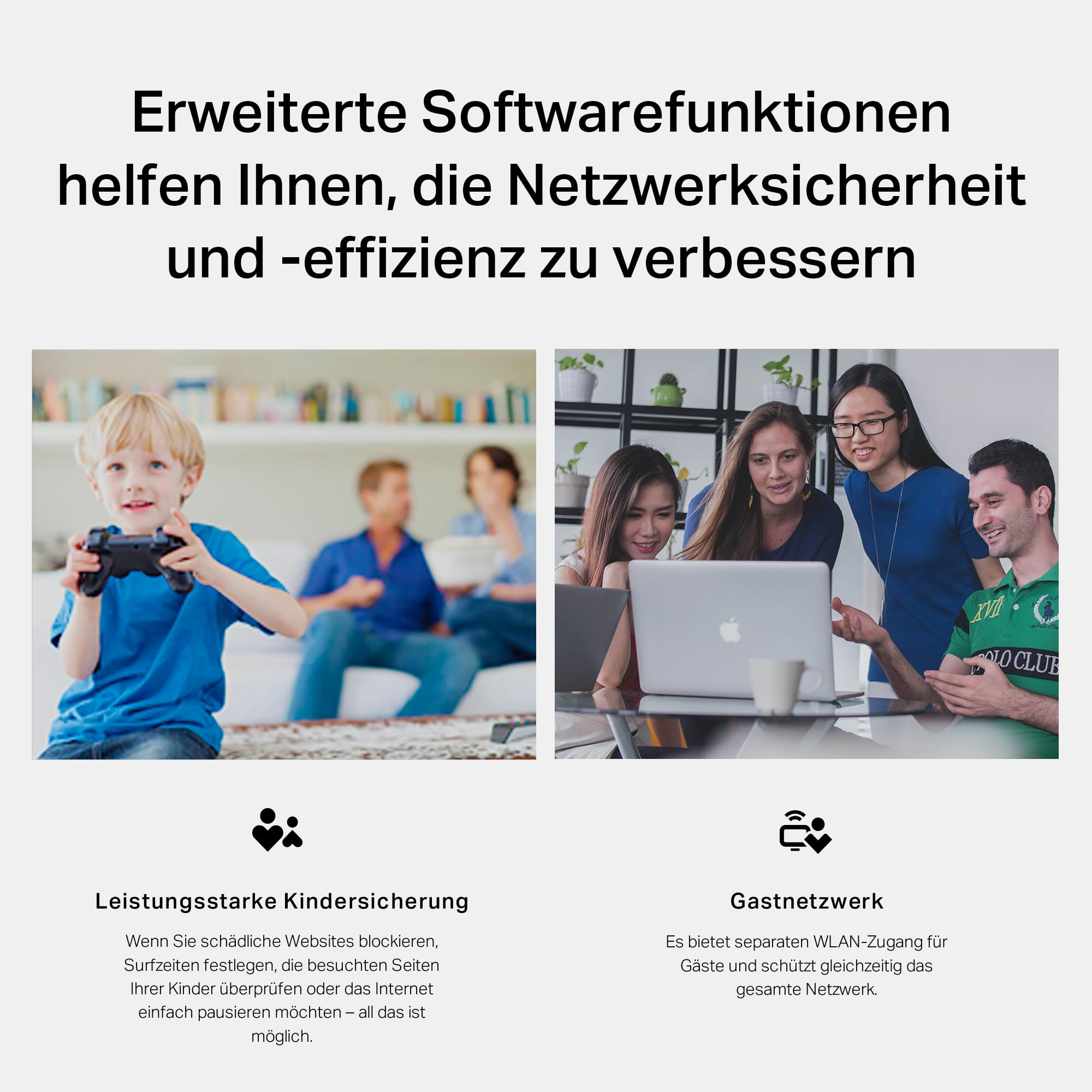 Funzioni software migliorano la sicurezza di rete, mostrando un bambino che gioca e colleghi al computer.