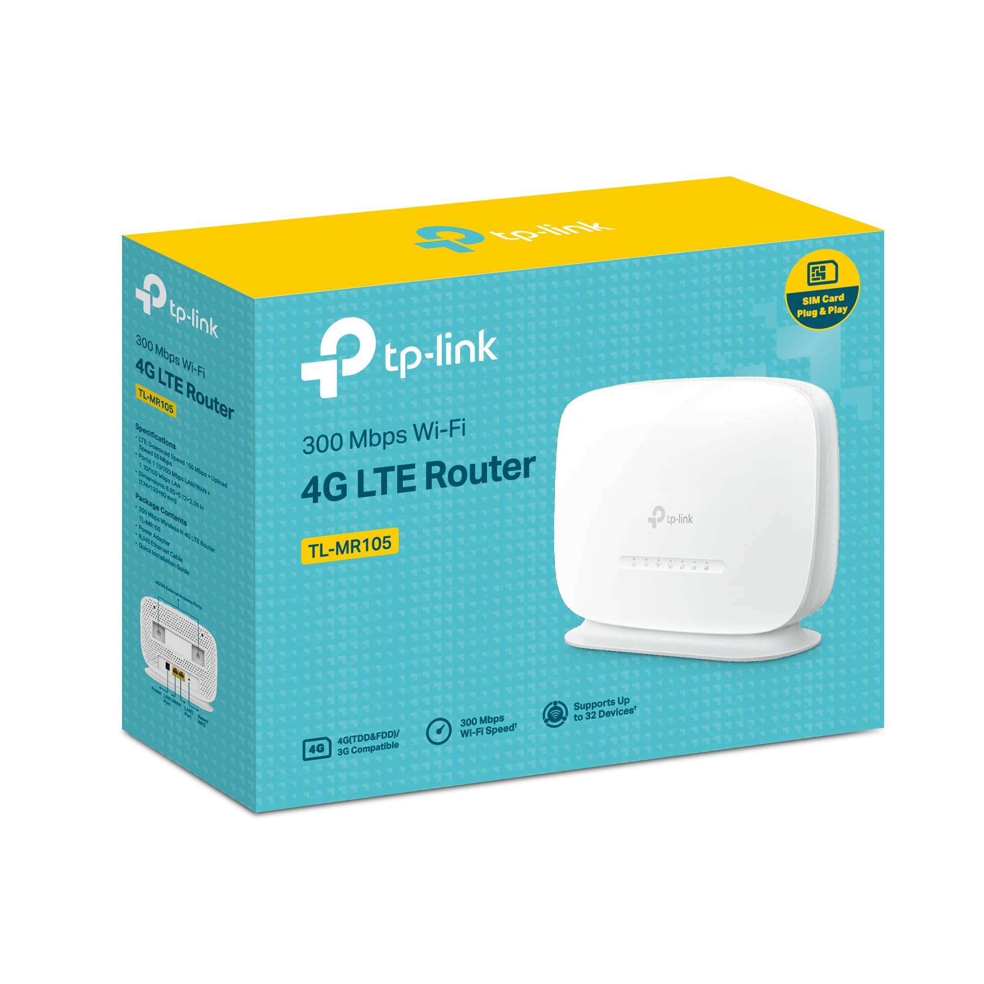 Confezione di un router 4G LTE TP-Link bianco con dettagli gialli e blu.