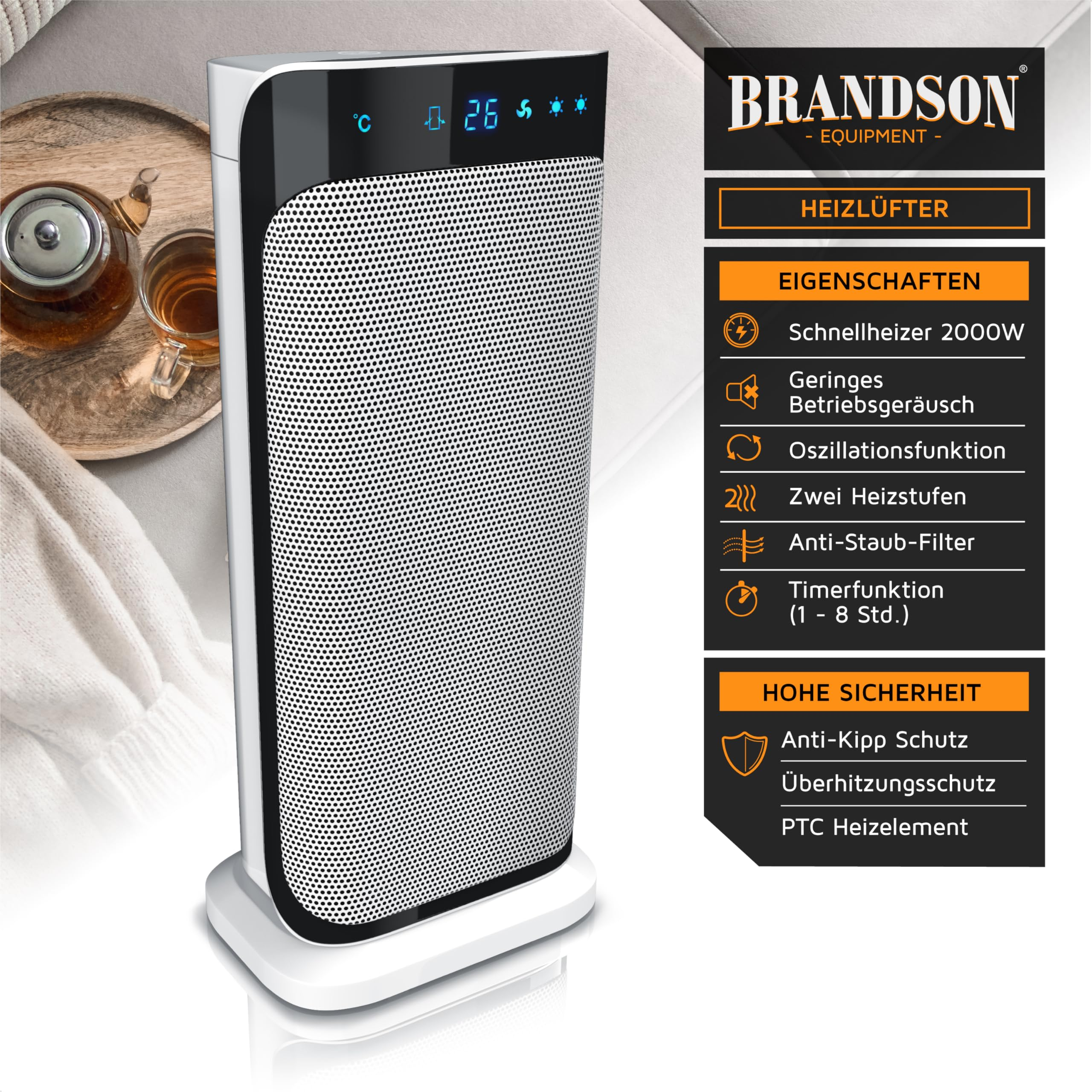 Brandson Heizlüfter mit weißem Gehäuse, digitalem Display und Produktdetails auf der rechten Seite.